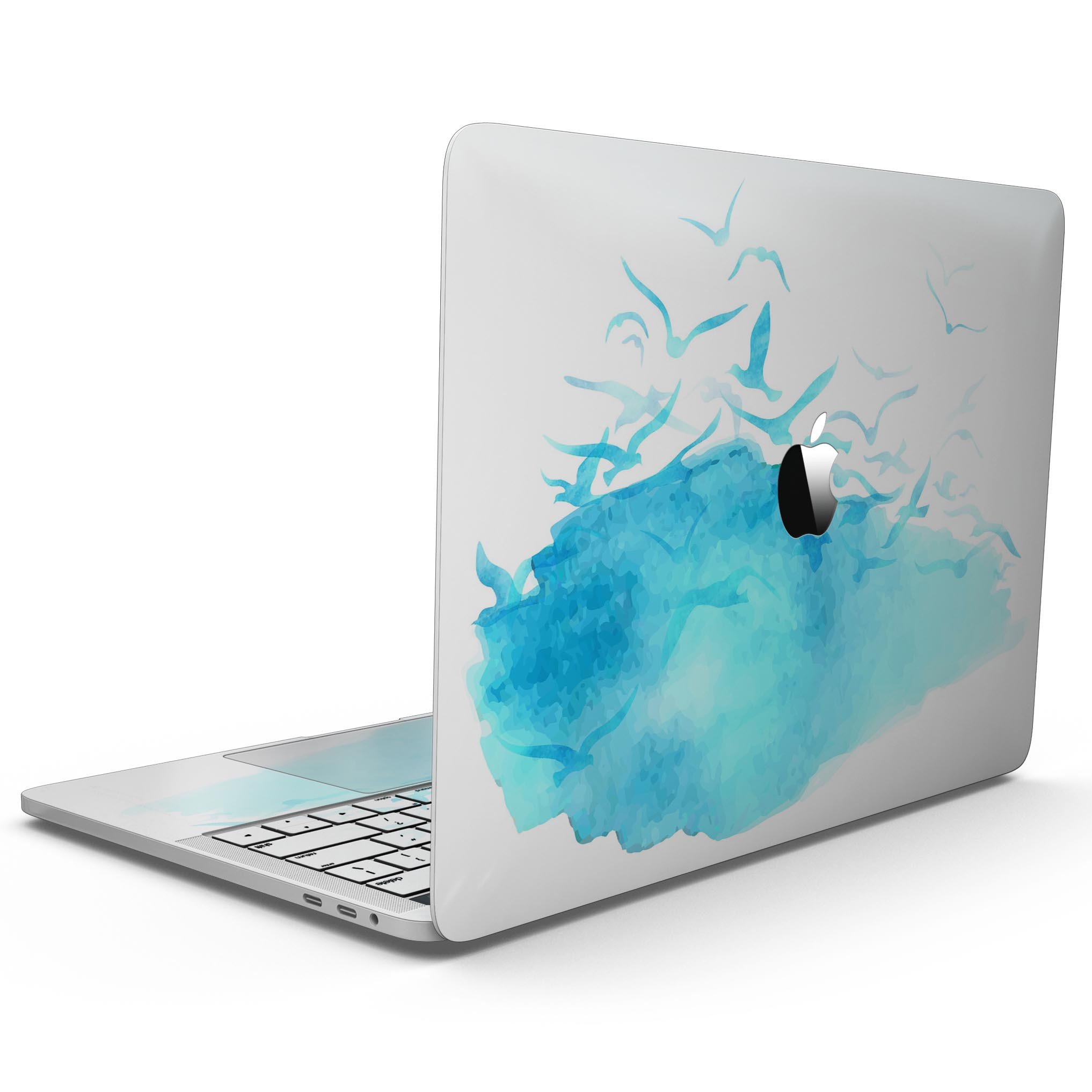 Abstract Blue Watercolor Seagull Swarm skin for MacBook Pro, showcasing vibrant blue hues and artistic seagull design.