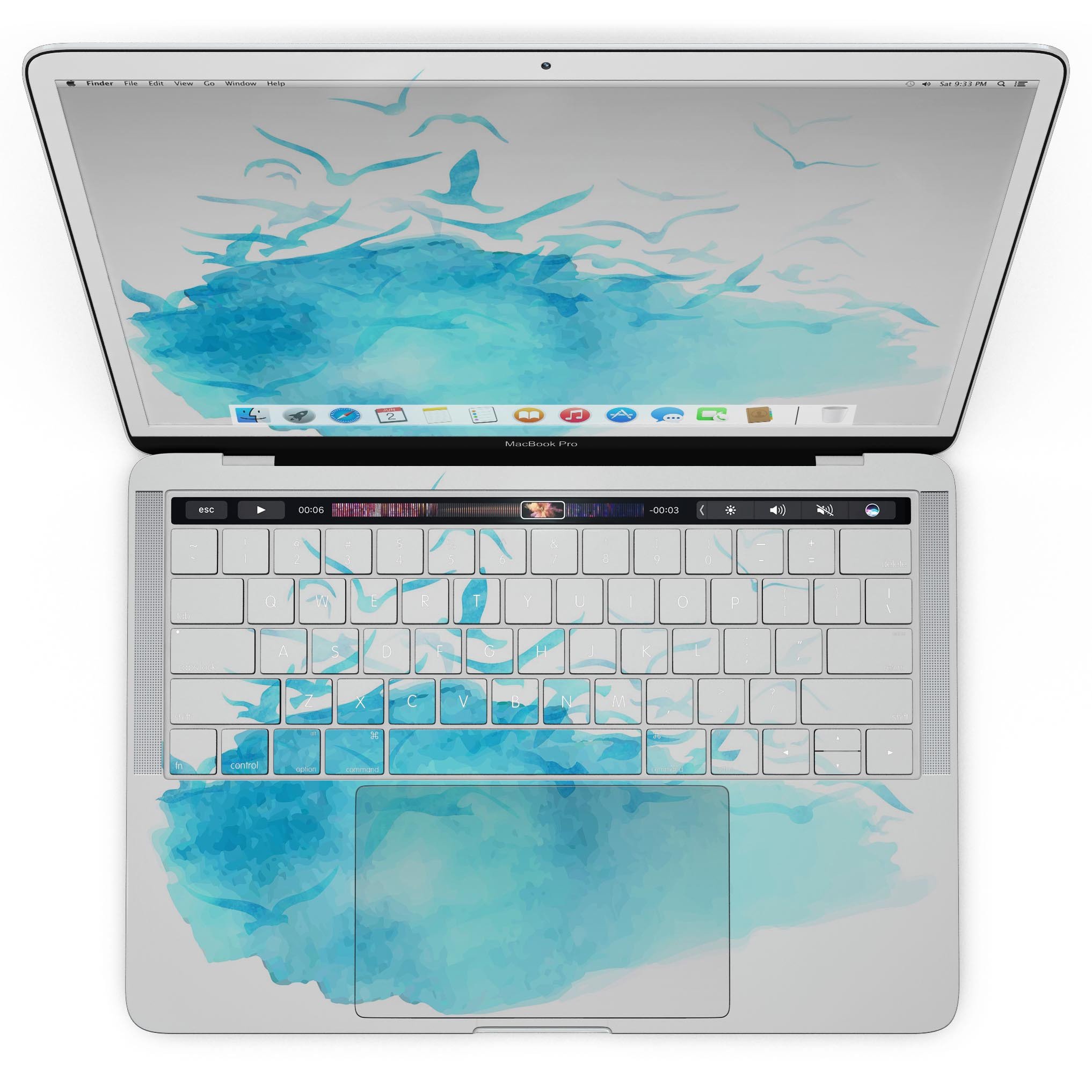 Abstract Blue Watercolor Seagull Swarm skin for MacBook Pro, showcasing vibrant blue hues and artistic seagull design.