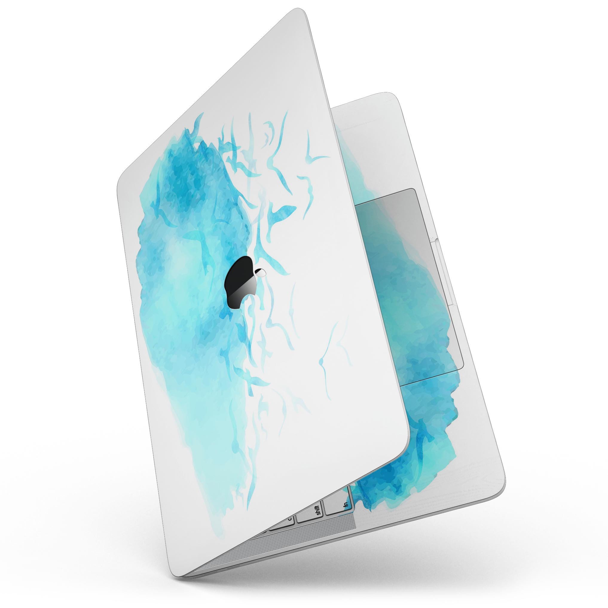 Abstract Blue Watercolor Seagull Swarm skin for MacBook Pro, showcasing vibrant blue hues and artistic seagull design.