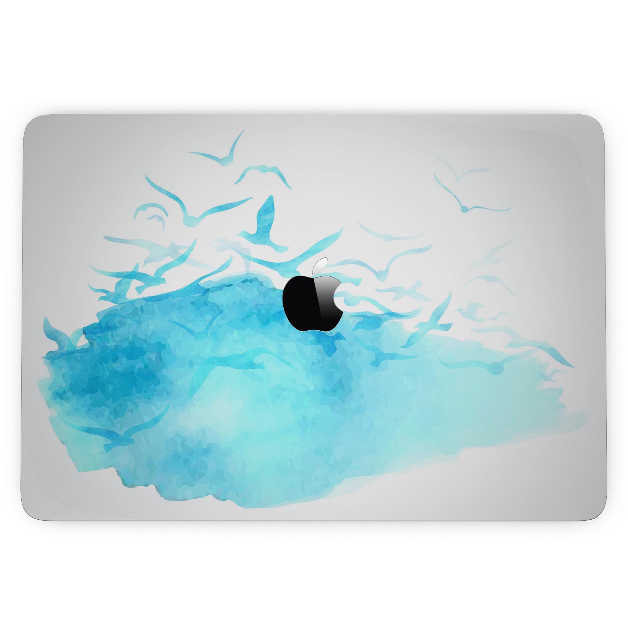 Abstract Blue Watercolor Seagull Swarm skin for MacBook Pro, showcasing vibrant blue hues and artistic seagull design.