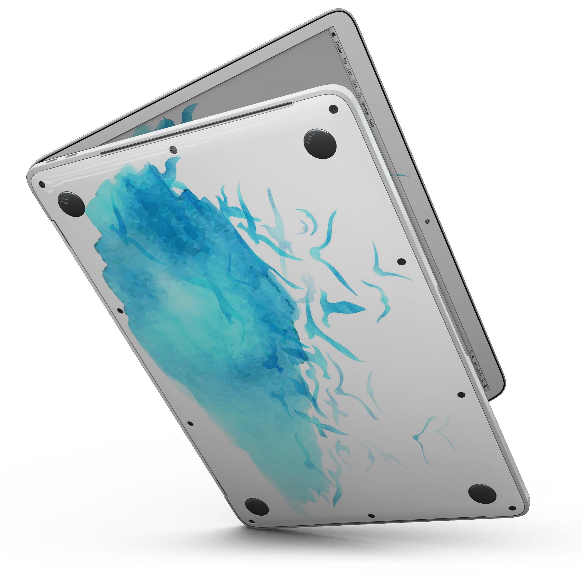 Abstract Blue Watercolor Seagull Swarm skin for MacBook Pro, showcasing vibrant blue hues and artistic seagull design.