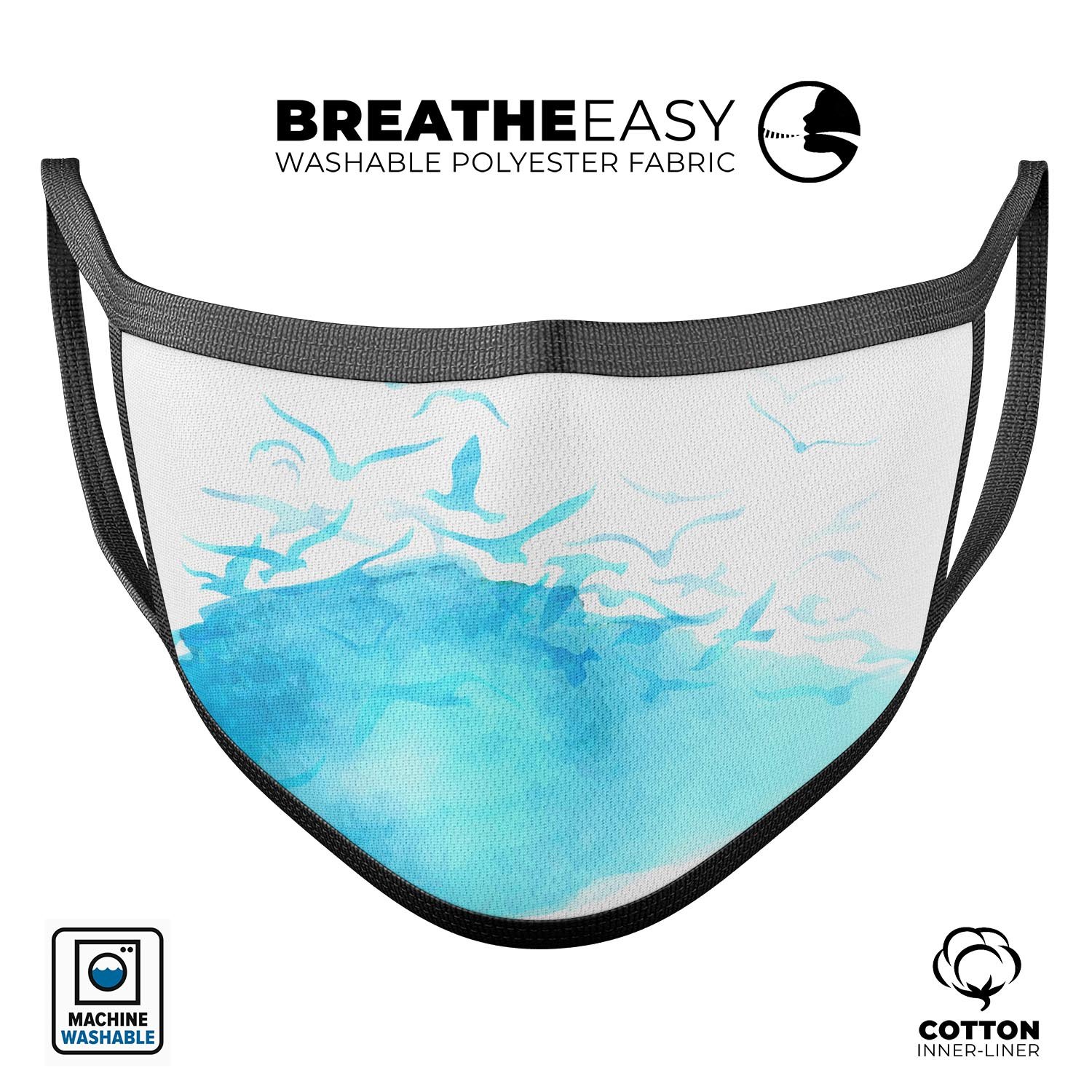 Abstract Blue Watercolor Seagull Swarm mouth cover, showcasing vibrant colors and a unique design, made in the USA.