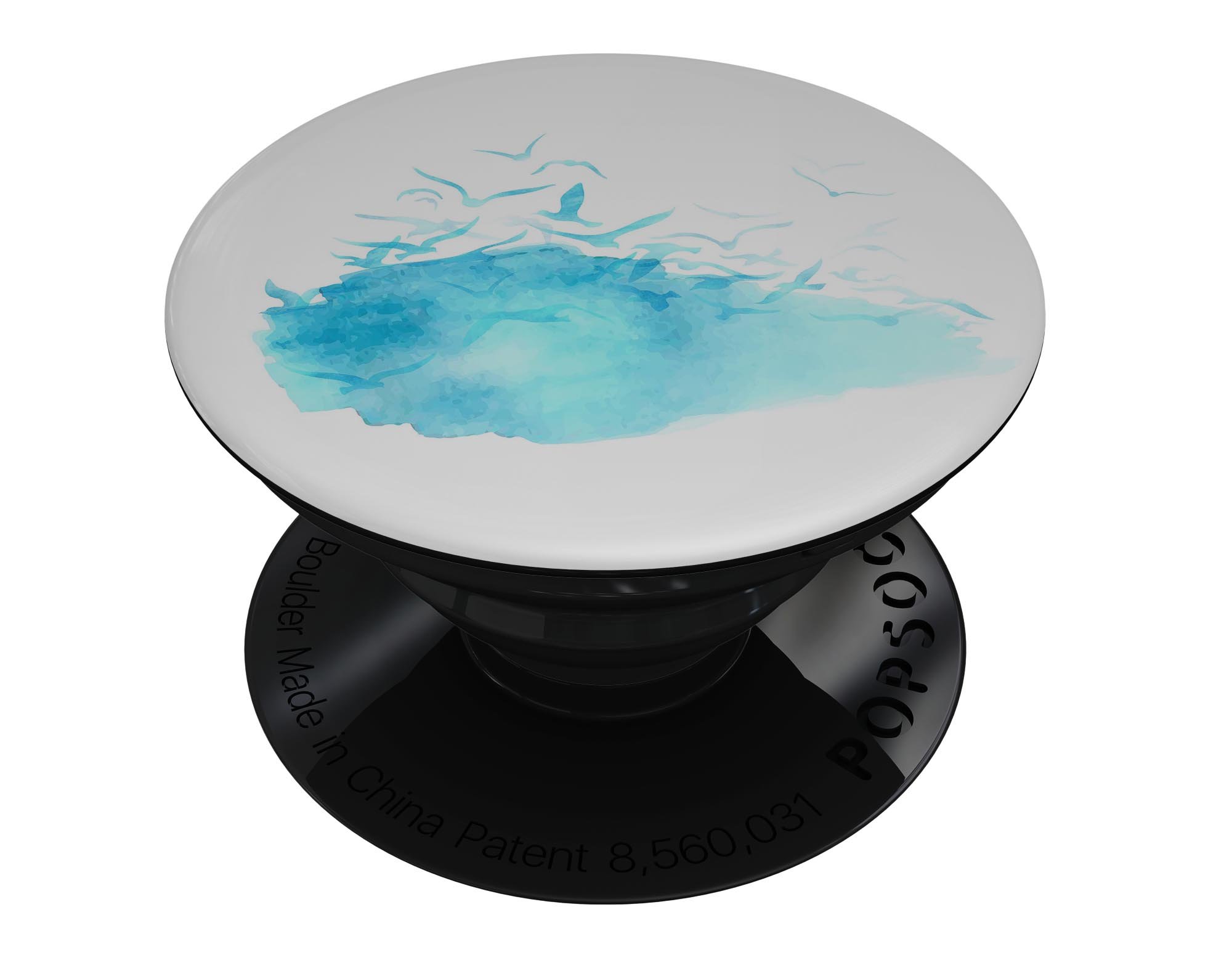 Abstract Blue Watercolor Seagull Swarm skin for PopSockets, showcasing vibrant blue hues and artistic design.