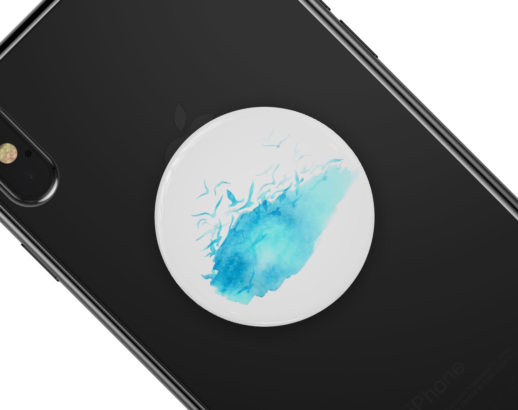 Abstract Blue Watercolor Seagull Swarm skin for PopSockets, showcasing vibrant blue hues and artistic design.
