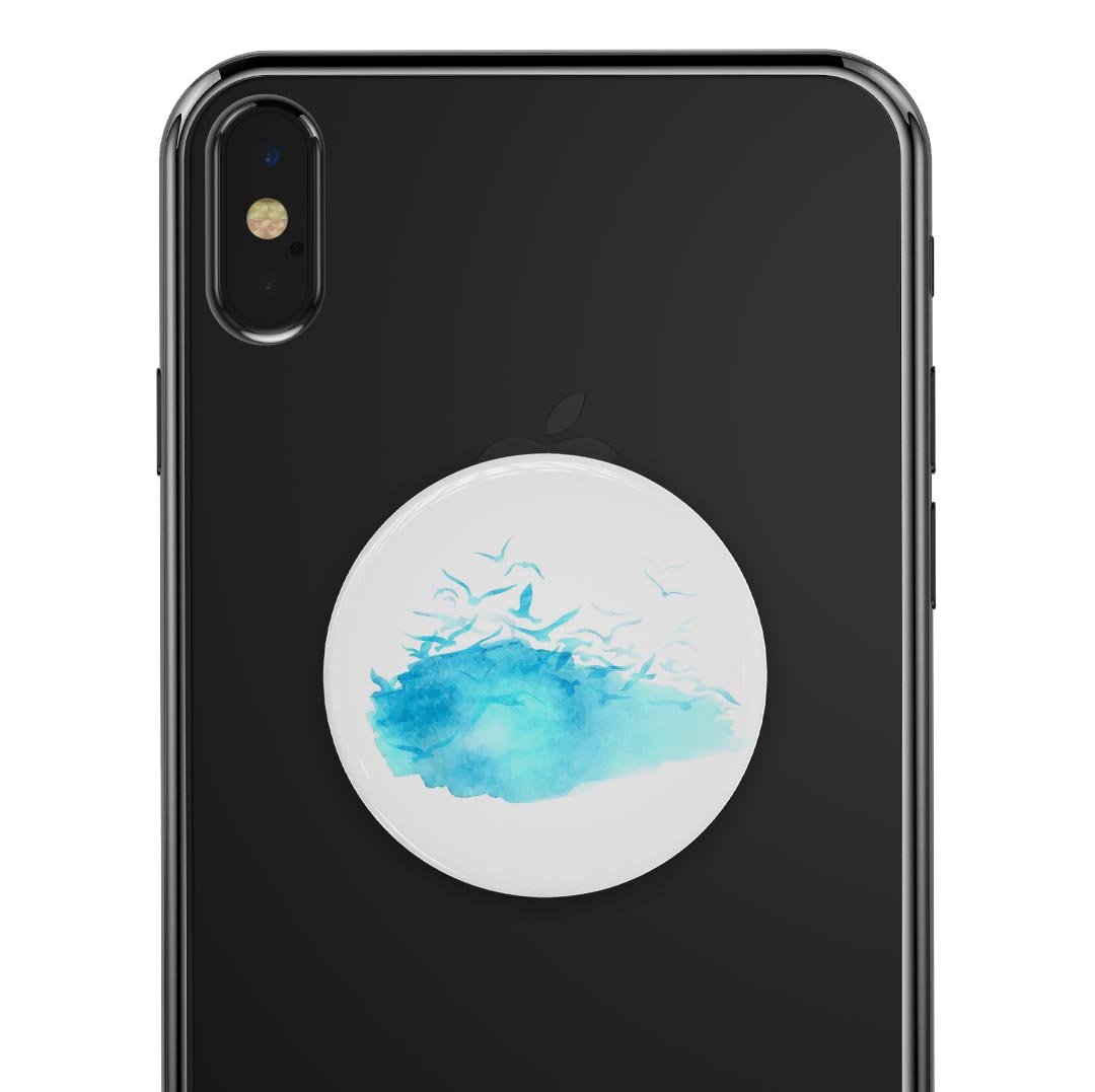 Abstract Blue Watercolor Seagull Swarm skin for PopSockets, showcasing vibrant blue hues and artistic design.
