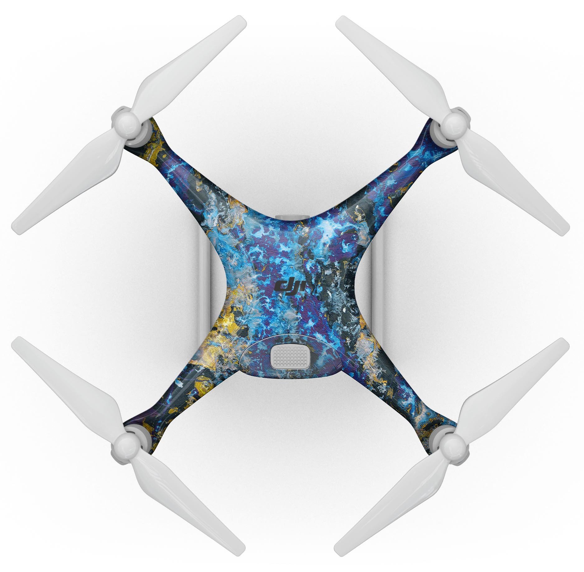 Abstract Blue Wet Paint Full-Body Skin Kit for DJI Phantom 4, showcasing vibrant colors and precision fit.