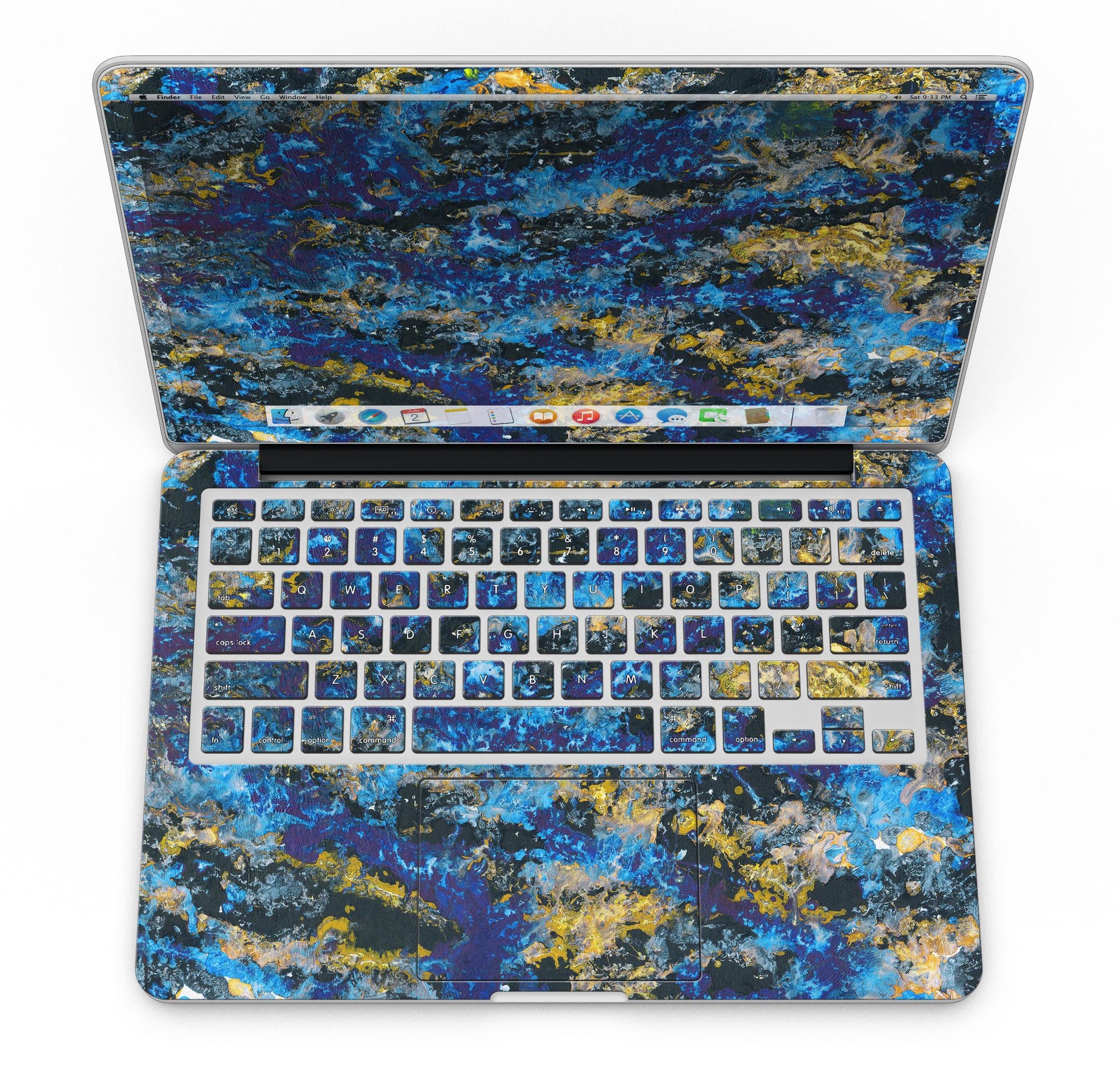 Abstract Blue Wet Paint skin for MacBook Pro with Retina Display, showcasing vibrant blue hues and a sleek design.