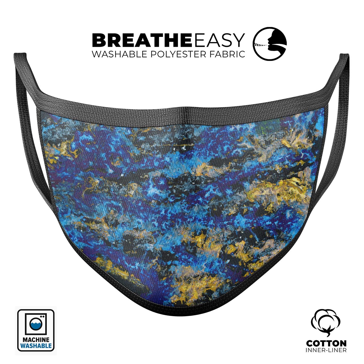 Abstract Blue Wet Paint mouth cover, a stylish unisex anti-dust mask made in the USA, featuring adjustable ear loops and a comfortable cotton interior.