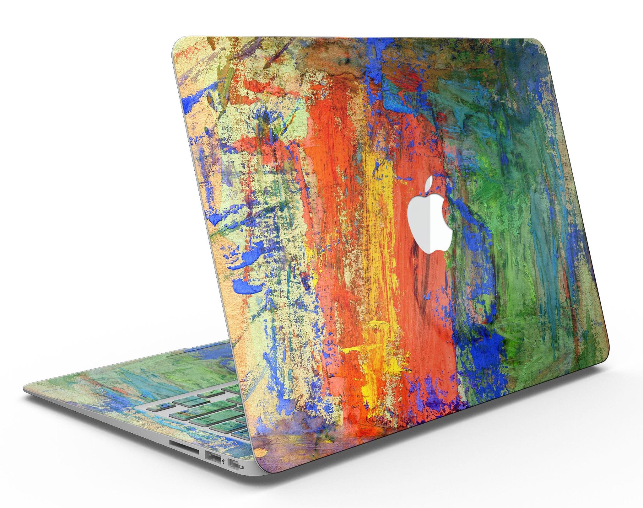 Colorful abstract oil painting skin for MacBook, showcasing vibrant primary and secondary colors in a stylish design.