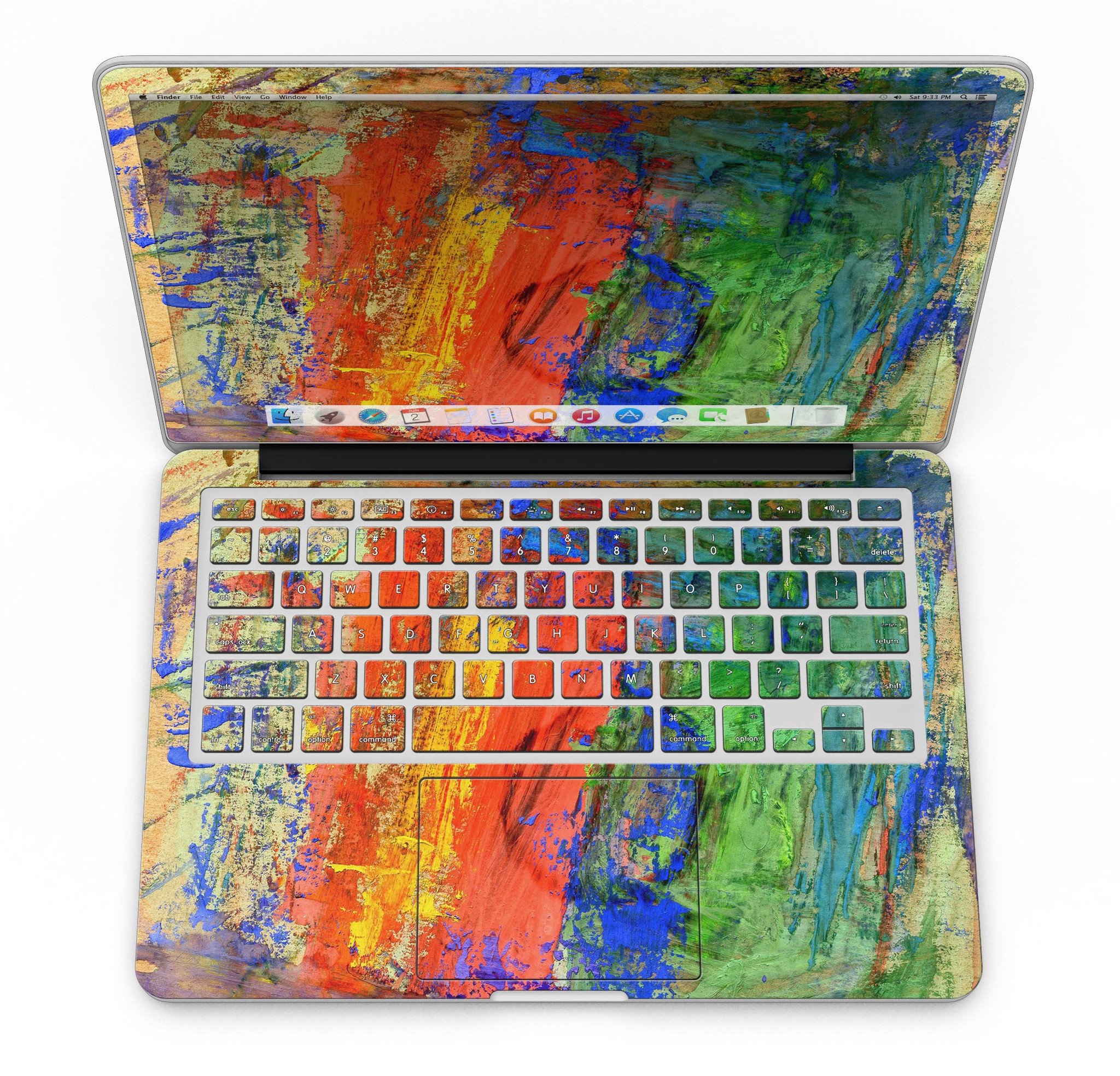 Colorful abstract oil painting skin for MacBook Pro, showcasing vibrant primary and secondary colors.