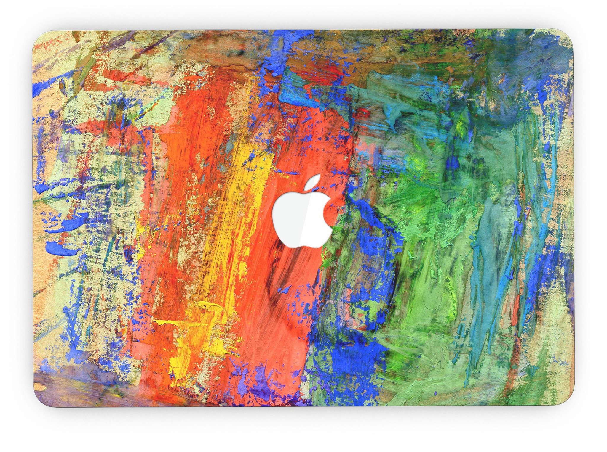 Colorful abstract oil painting skin for MacBook Pro, showcasing vibrant primary and secondary colors.