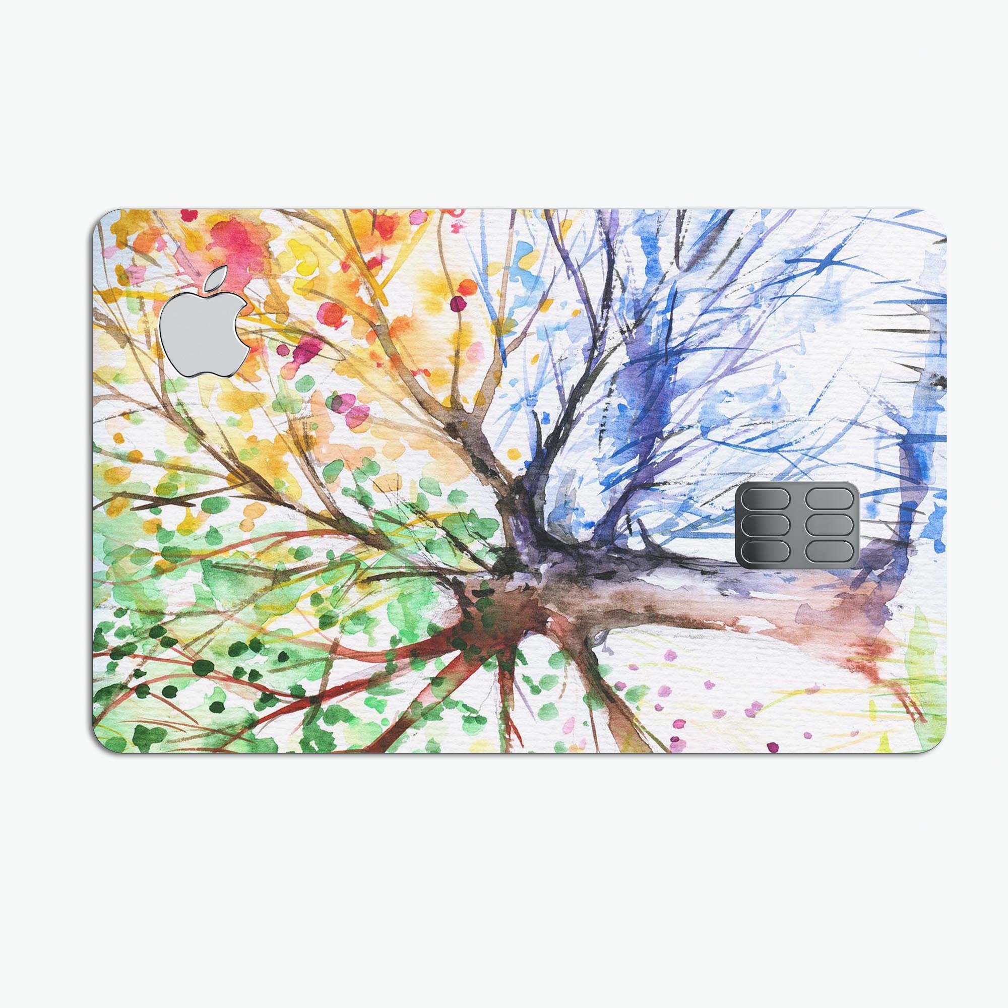 Abstract Colorful WaterColor Vivid Tree decal on an Apple Card, showcasing vibrant colors and a protective design.