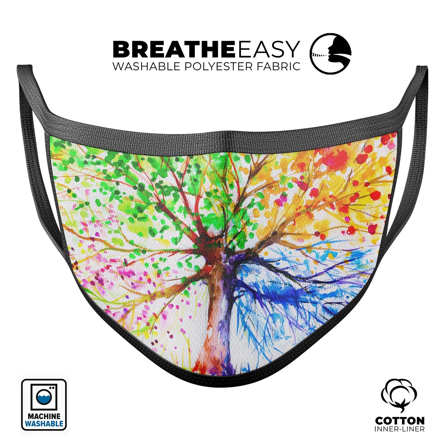 Abstract Colorful WaterColor Vivid Tree V3 mouth cover featuring vibrant colors and a comfortable fit, made in the USA.