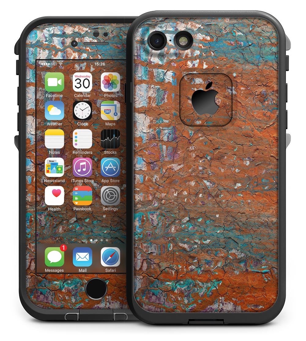 Abstract Cracked Burnt Paint Skin Kit for iPhone 7 LifeProof Fre Case, showcasing vibrant colors and unique design.