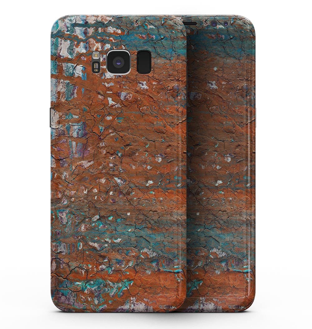 Samsung Galaxy S8 with Abstract Cracked Burnt Paint skin, showcasing vibrant design and sleek fit.
