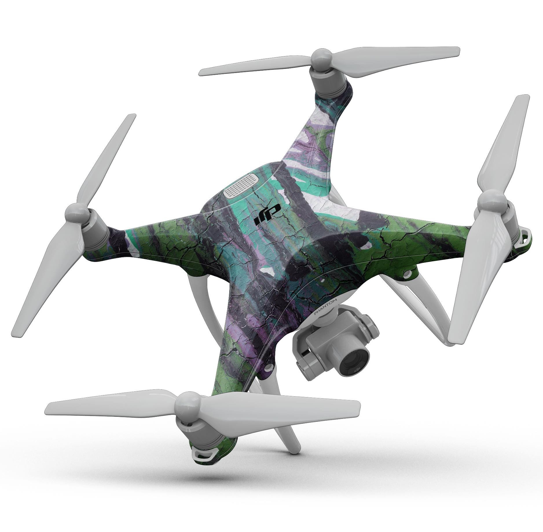 Abstract Cracked Green Paint Wall Full-Body Skin Kit for DJI Phantom 4 Drone, showcasing unique design and precision fit.