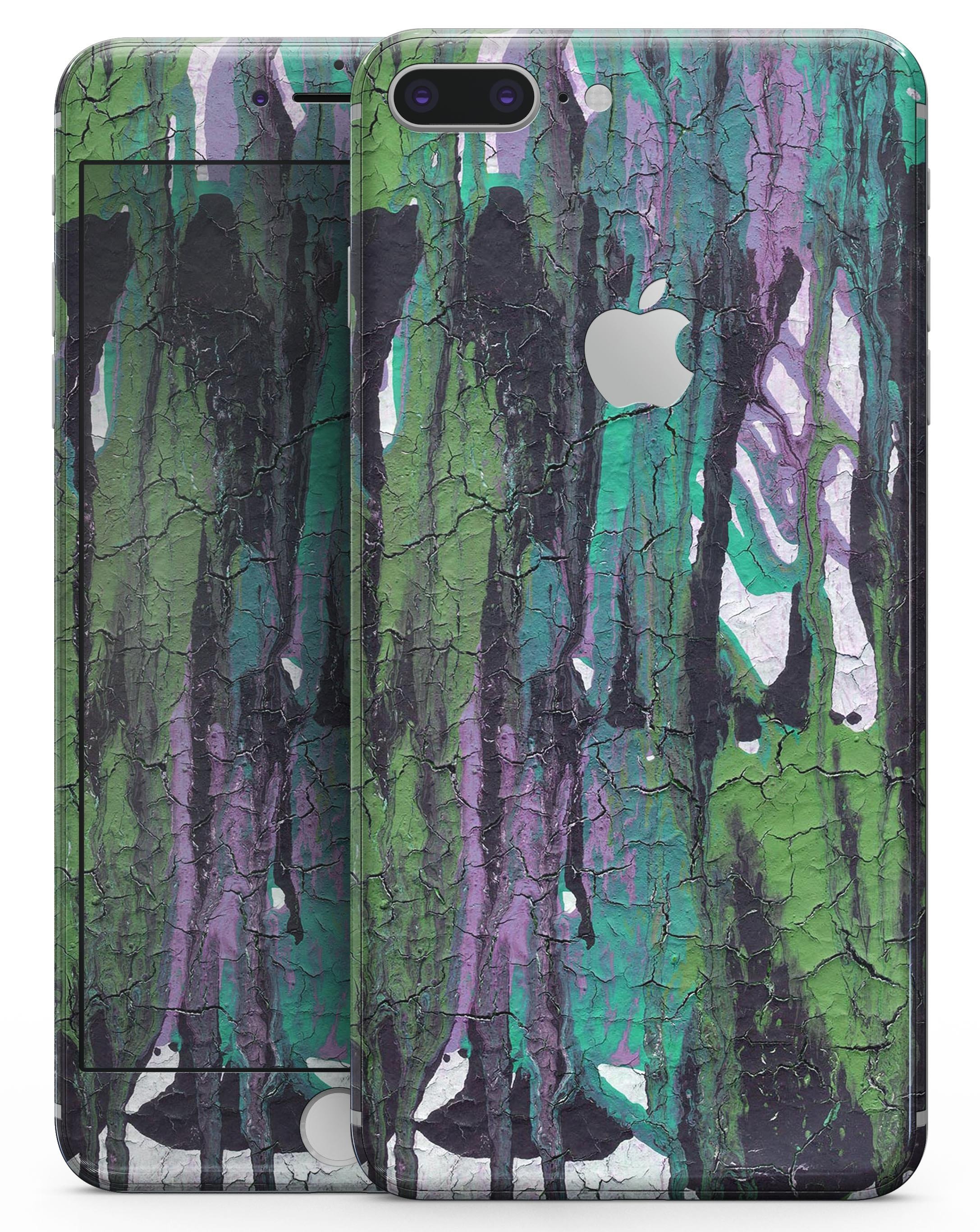 Abstract Cracked Green Paint Skin for iPhone 8 and 8 Plus, showcasing a stylish design with a textured appearance.