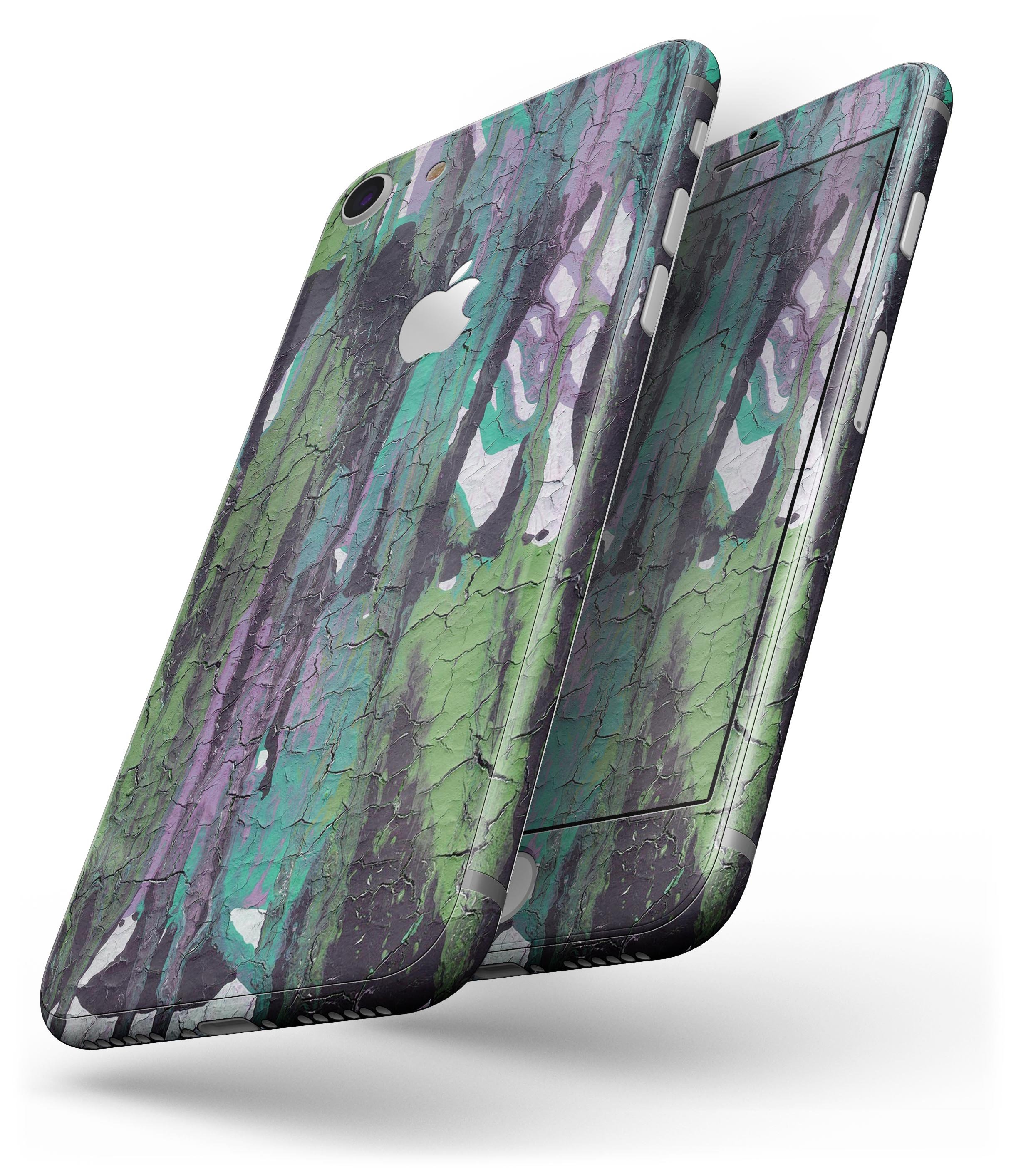 Abstract Cracked Green Paint Skin for iPhone 8 and 8 Plus, showcasing a stylish design with a textured appearance.