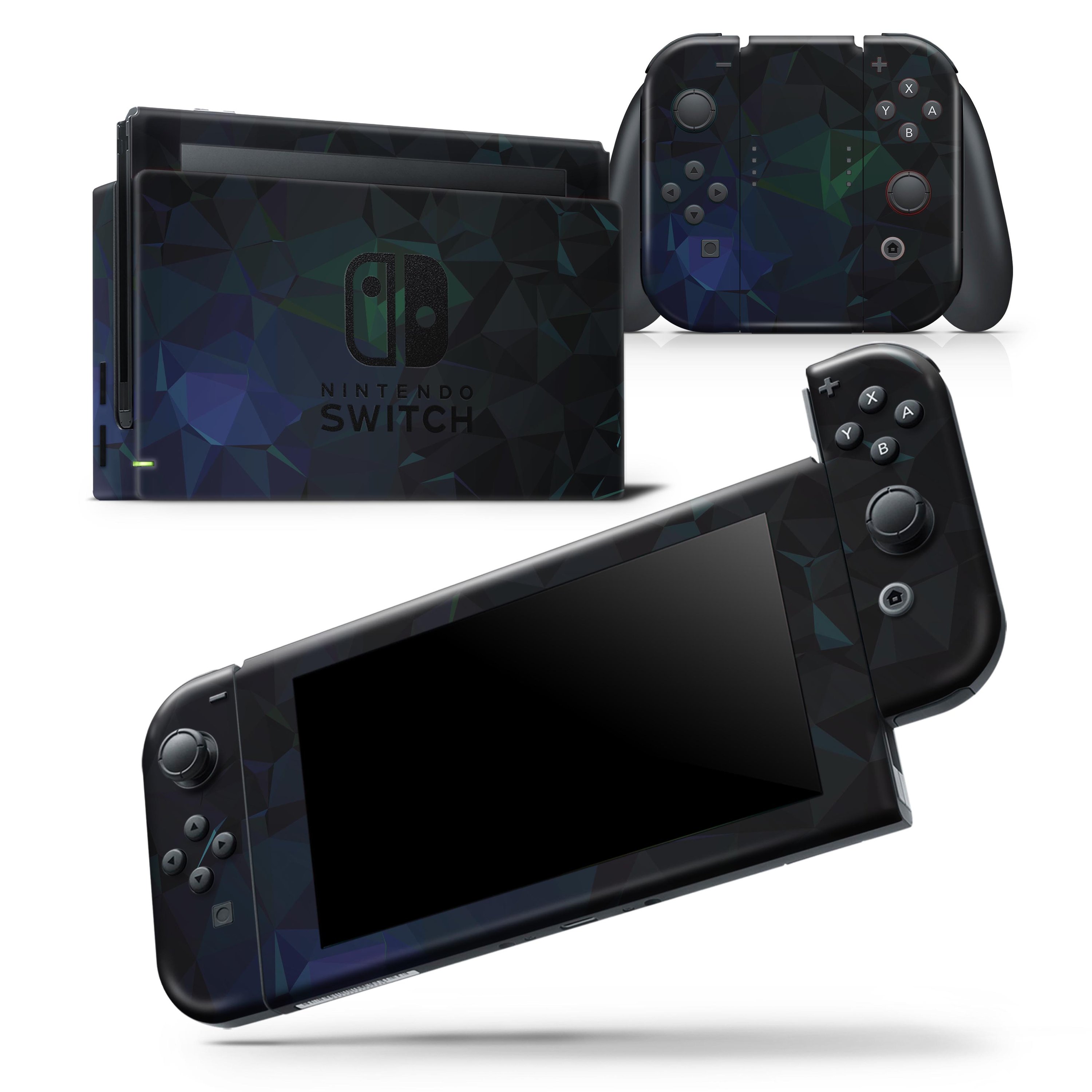 Abstract Dark Blue Geometric Shapes skin wrap decal for Nintendo Switch, showcasing a stylish design that fits the console and controllers perfectly.