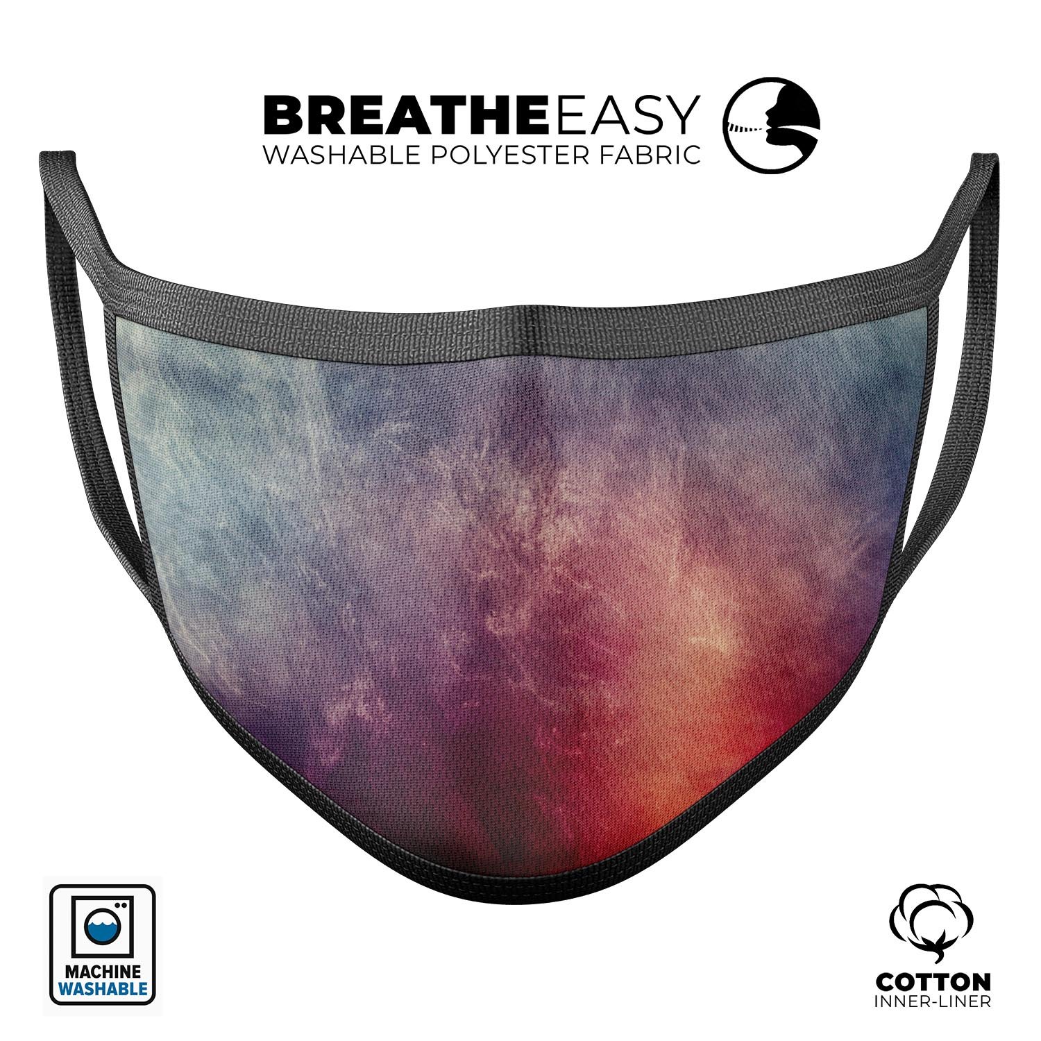 Abstract Fire & Ice V19 mouth cover featuring a vibrant design, made from soft cotton and memory foam for comfort and adjustable fit.