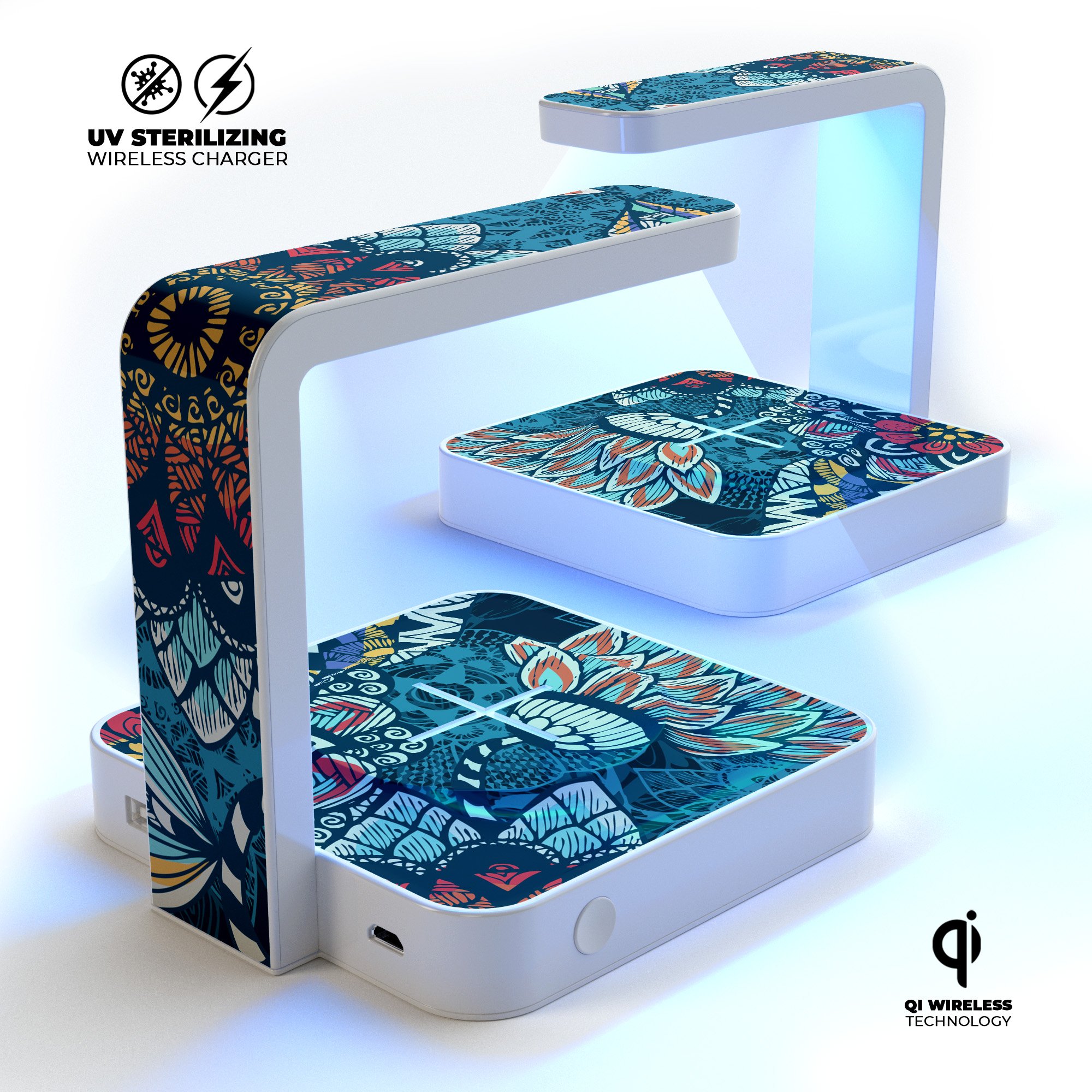 Abstract Floral V242 UV Germicidal Sanitizing Wireless Charger with decorative skin, USB cable, and phone sterilizing features.