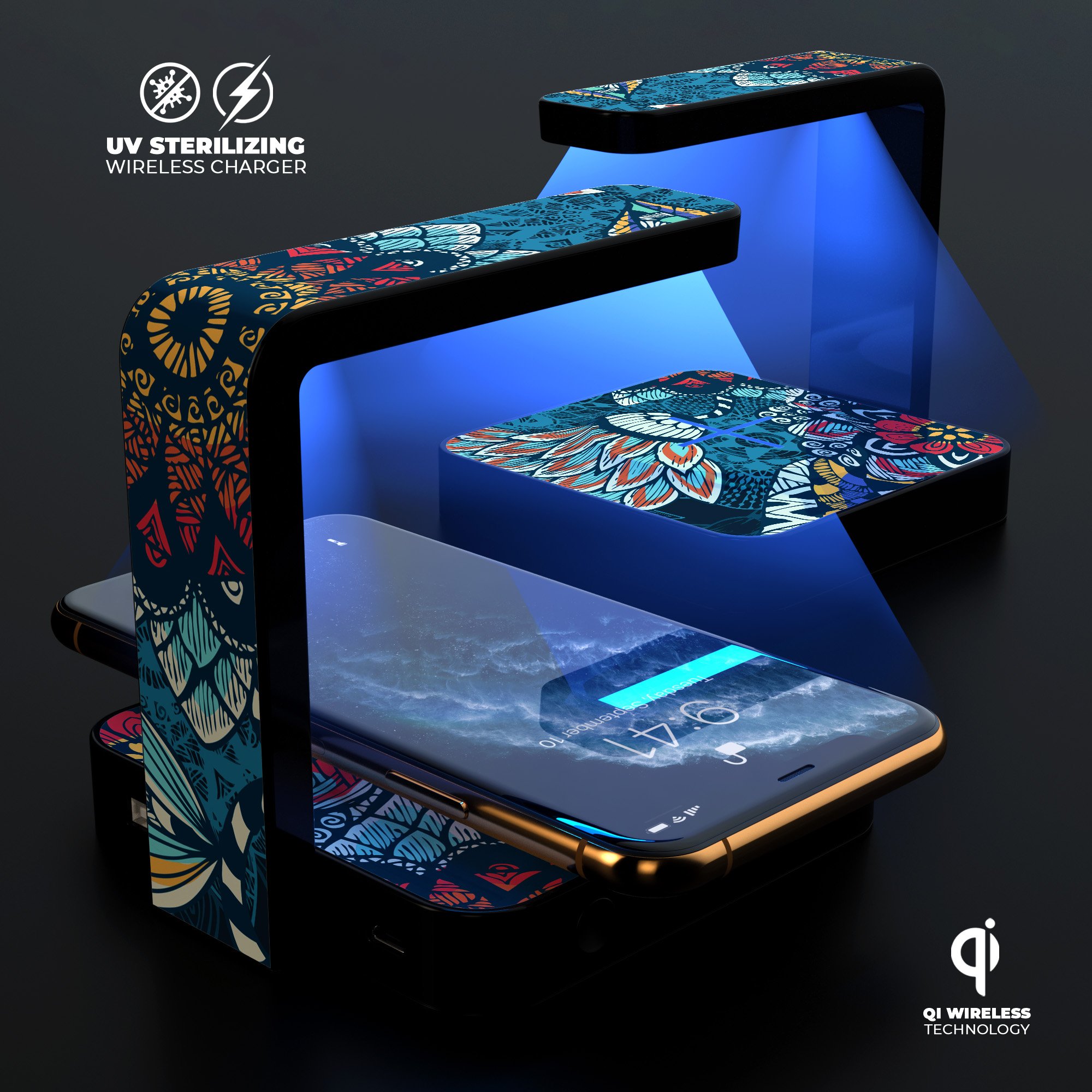 Abstract Floral V242 UV Germicidal Sanitizing Wireless Charger with decorative skin, USB cable, and phone sterilizing features.