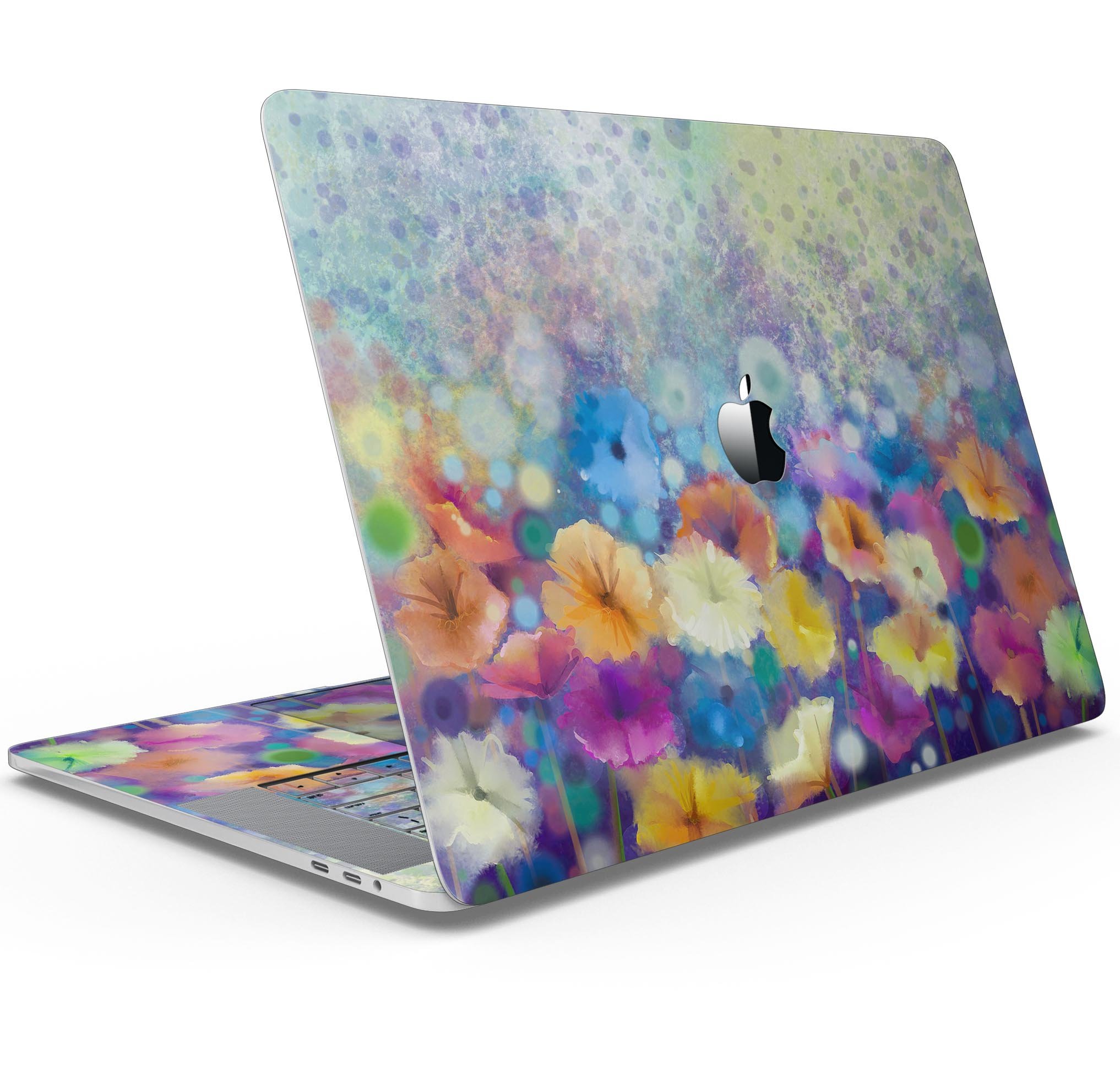 Abstract Flower Meadow v2 skin decal wrap kit for MacBook, showcasing vibrant floral design on premium vinyl material.