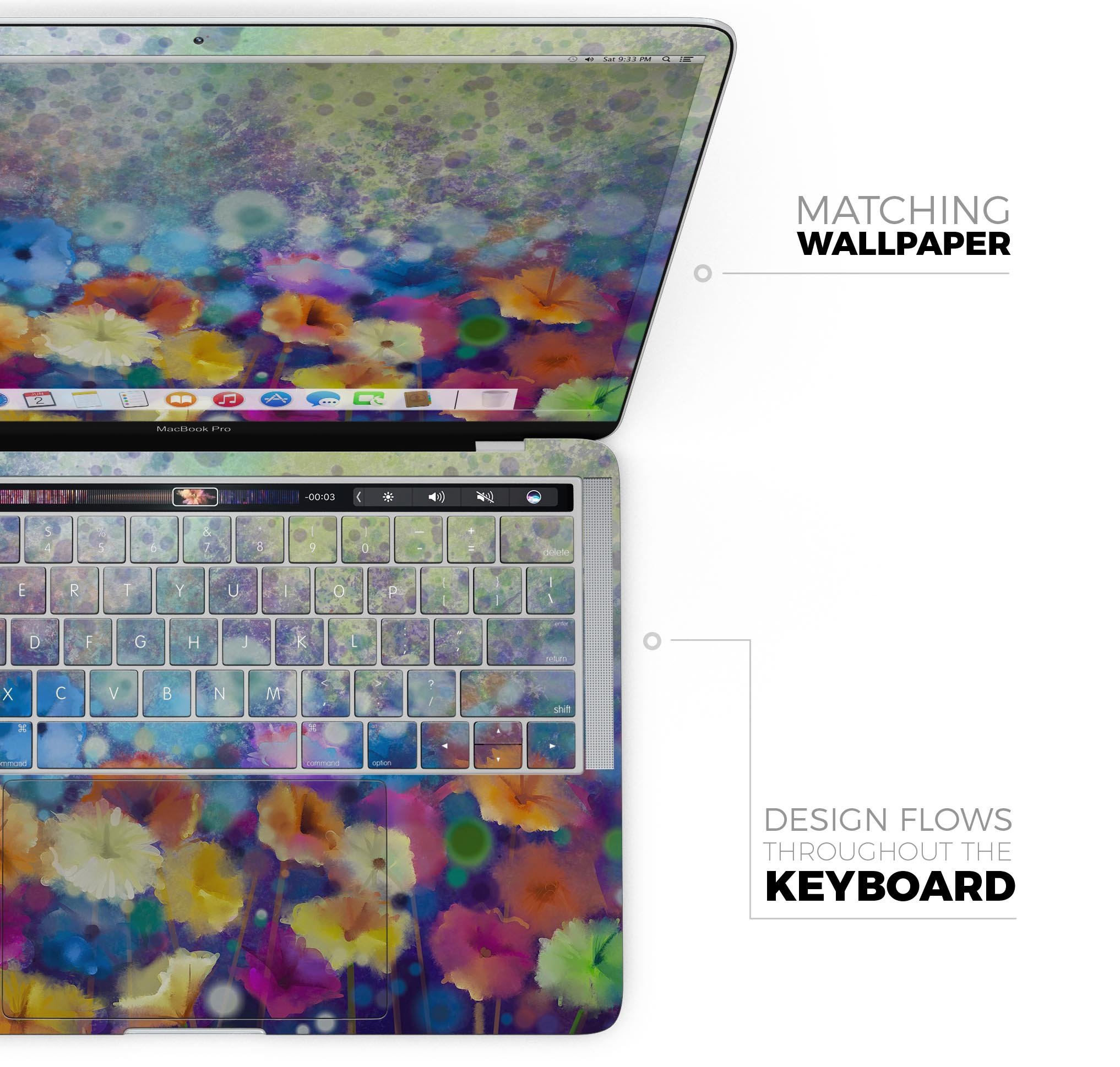Abstract Flower Meadow v2 skin decal wrap kit for MacBook, showcasing vibrant floral design on premium vinyl material.