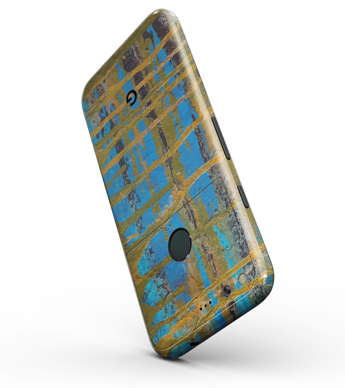 Abstract Gold and Teal Wet Paint Skin Kit for Google Pixel, showcasing vibrant colors and sleek design.
