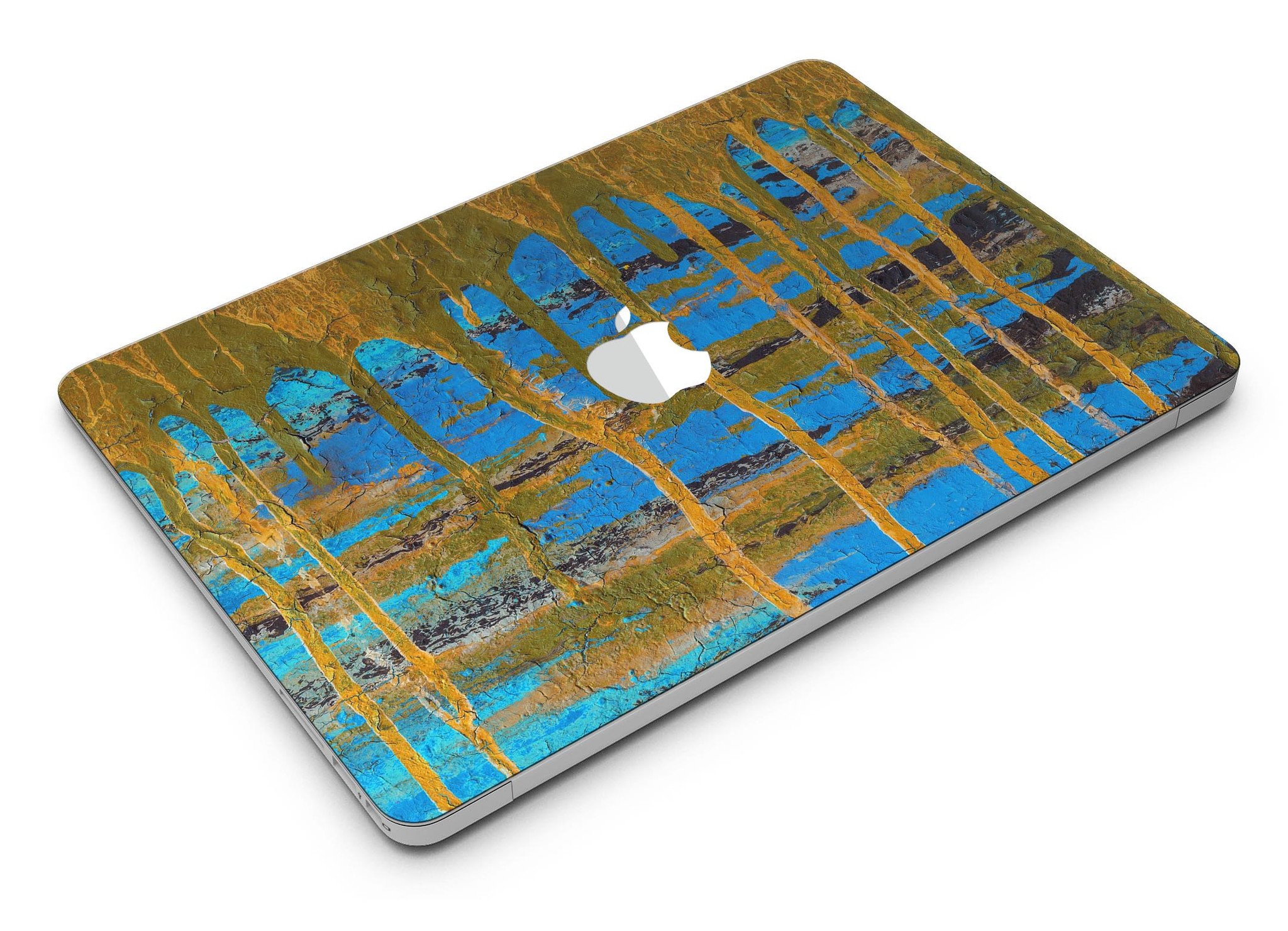 Abstract Gold and Teal Wet Paint skin for MacBook Air, showcasing vibrant colors and a sleek design.