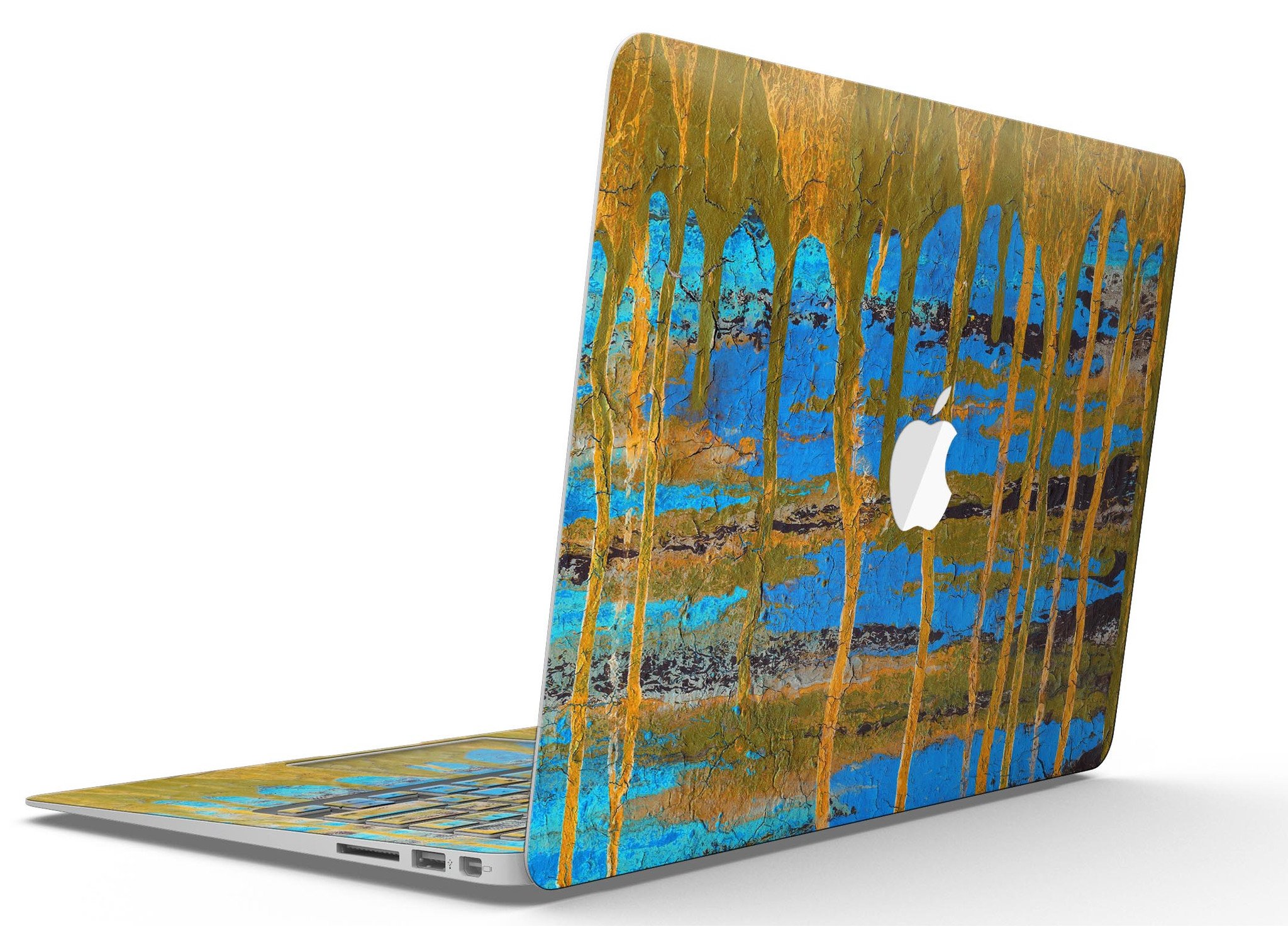 Abstract Gold and Teal Wet Paint skin for MacBook Air, showcasing vibrant colors and a sleek design.