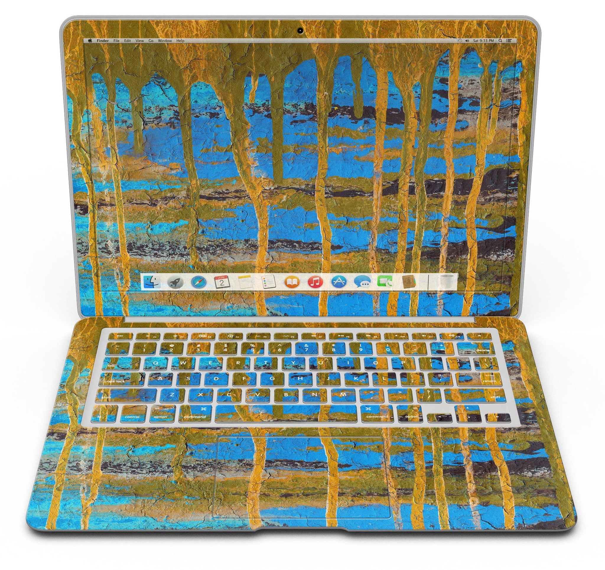Abstract Gold and Teal Wet Paint skin for MacBook Air, showcasing vibrant colors and a sleek design.