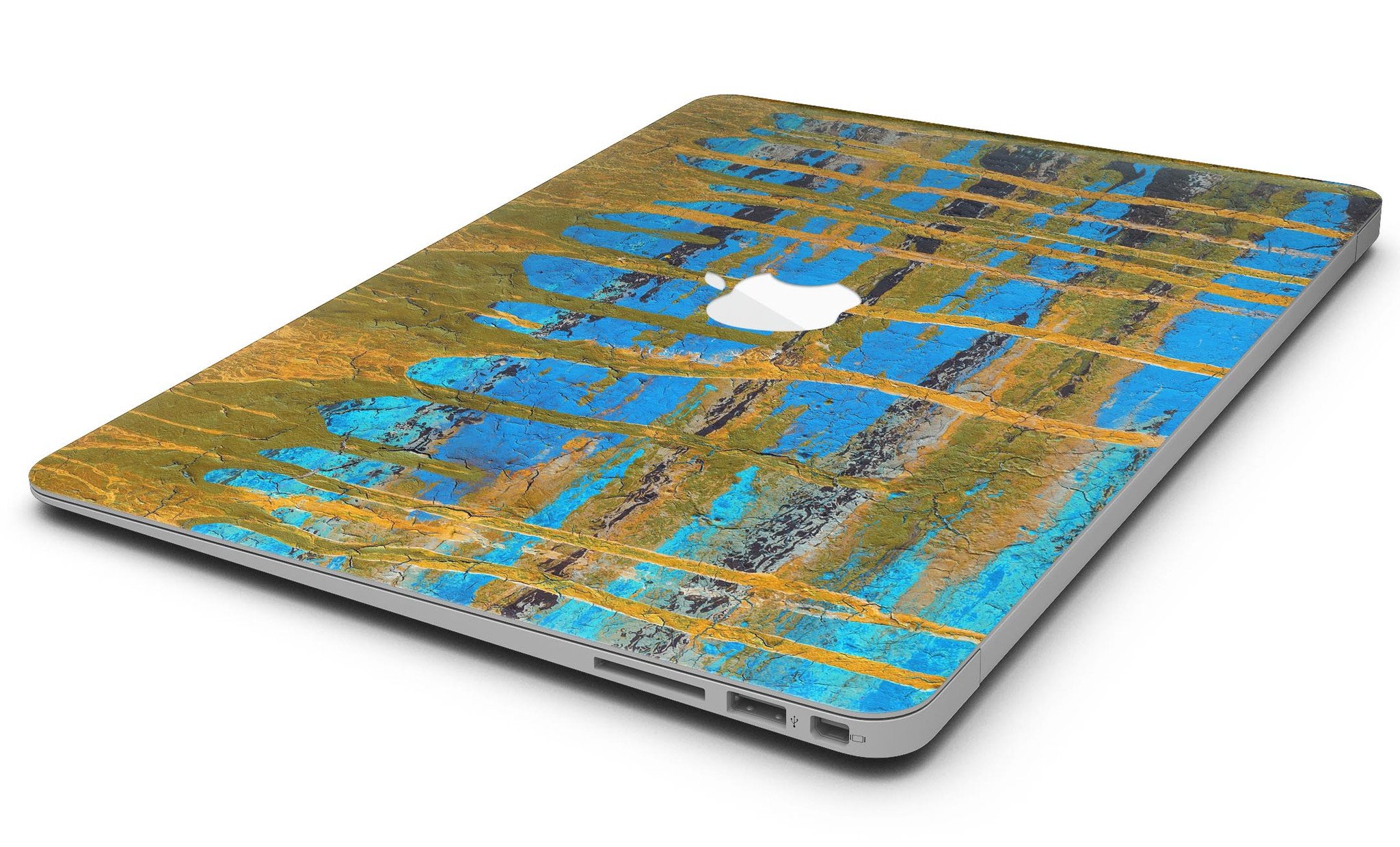 Abstract Gold and Teal Wet Paint skin for MacBook Air, showcasing vibrant colors and a sleek design.