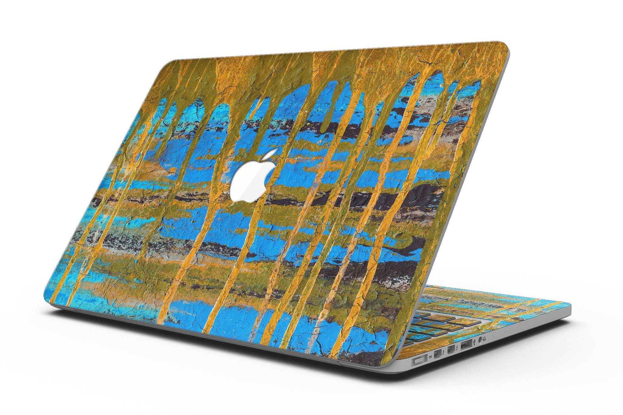 Abstract Gold and Teal Wet Paint skin for MacBook Pro with Retina Display, showcasing vibrant colors and stylish design.