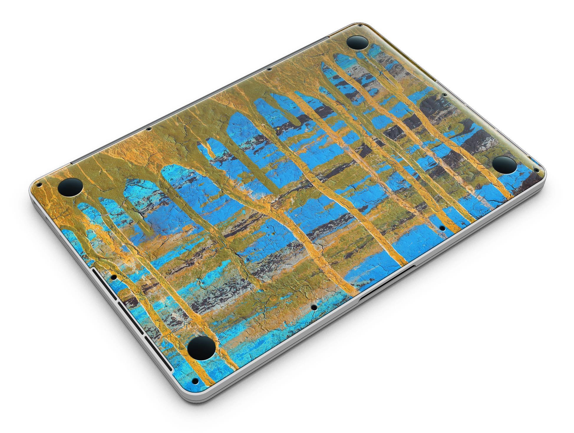 Abstract Gold and Teal Wet Paint skin for MacBook Pro with Retina Display, showcasing vibrant colors and stylish design.
