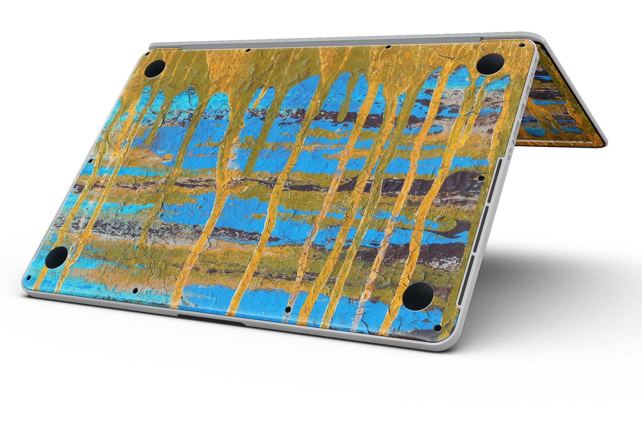 Abstract Gold and Teal Wet Paint skin for MacBook Pro with Retina Display, showcasing vibrant colors and stylish design.
