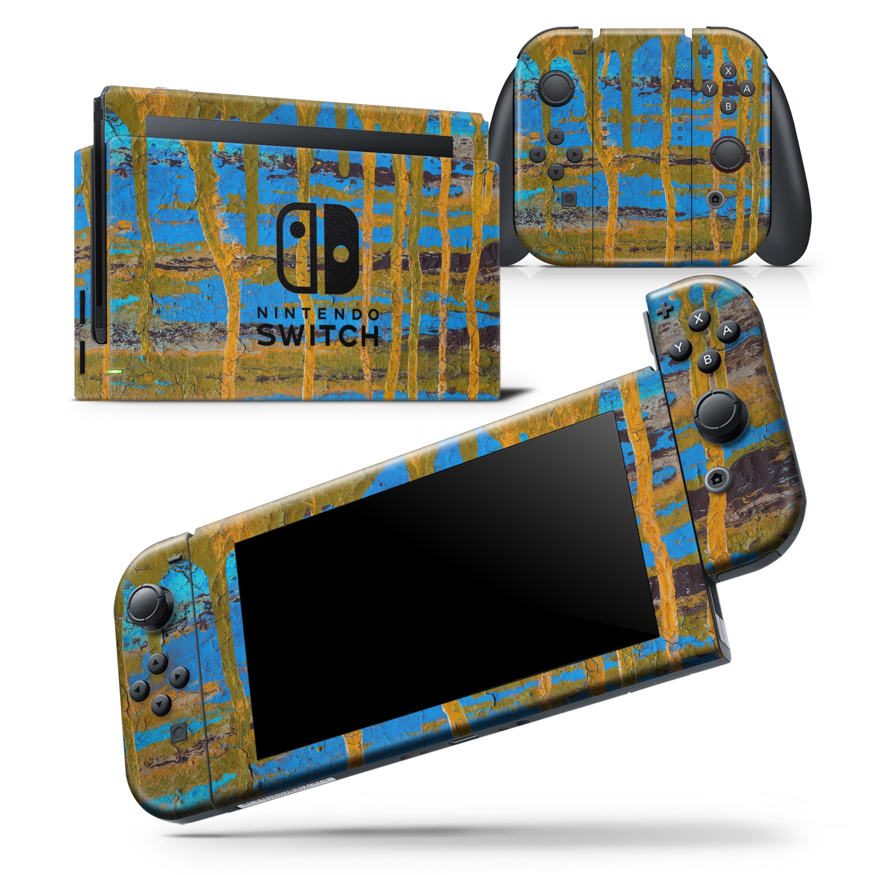 Abstract Gold and Teal Wet Paint skin wrap decal for Nintendo Switch, showcasing a vibrant design that enhances the console's appearance.