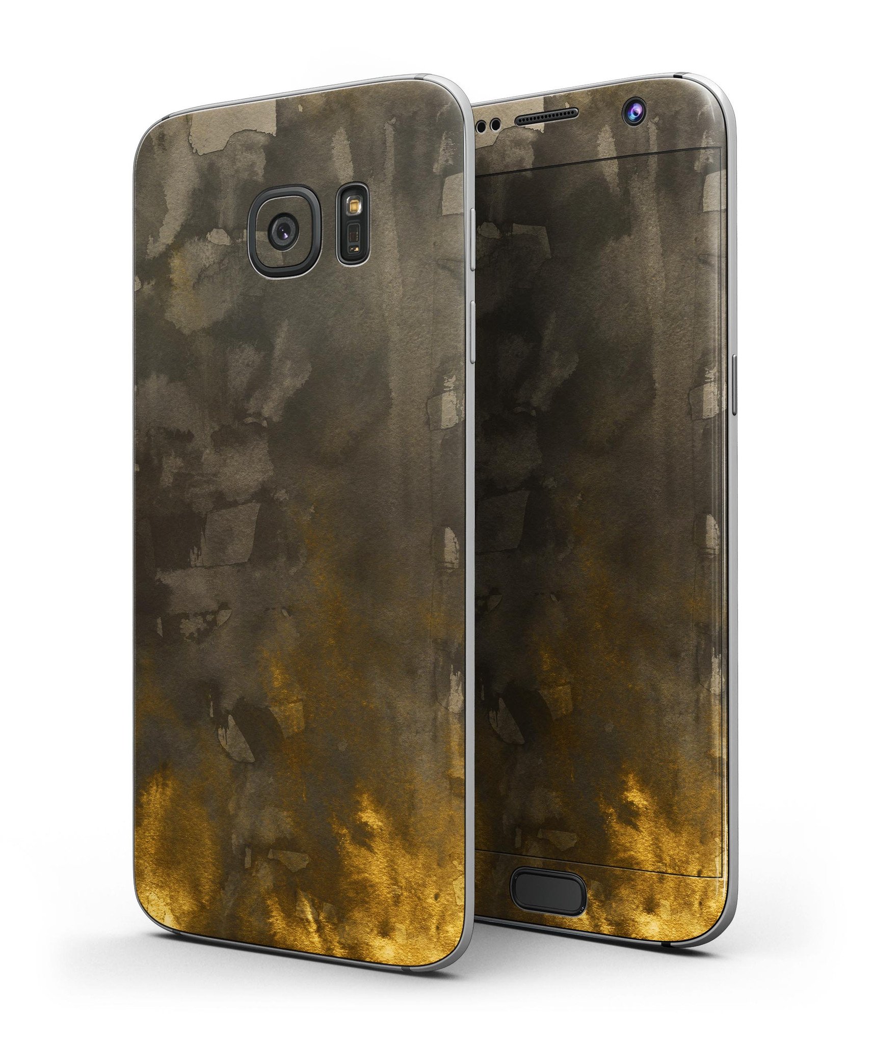 Abstract Golden Fire Full Body Skin-Kit for Samsung Galaxy S7/S7 Edge, showcasing vibrant golden and smoky design.
