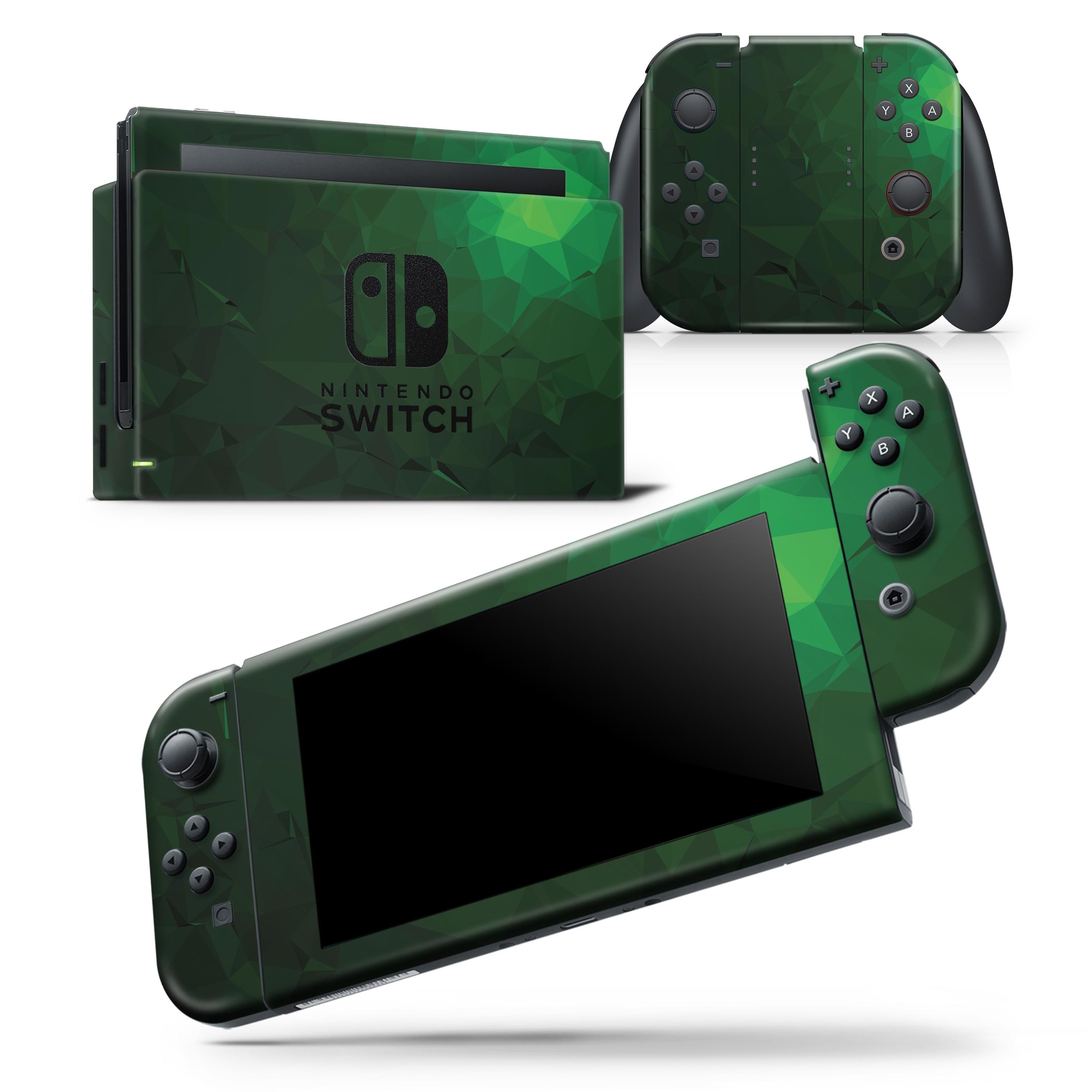 Abstract Green Geometric Shapes skin wrap decal for Nintendo Switch, showcasing a vibrant design that fits the console and controllers perfectly.