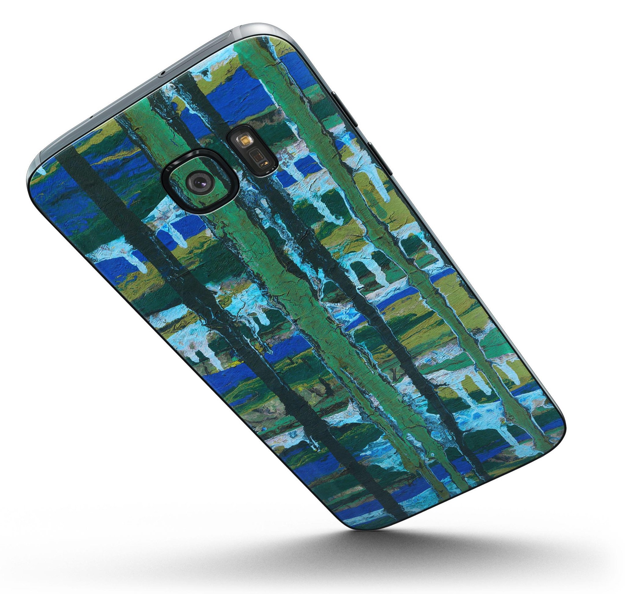 Abstract Green Plaid Paint Wall Skin-Kit for Samsung Galaxy S7/S7 Edge, showcasing vibrant colors and premium vinyl material.