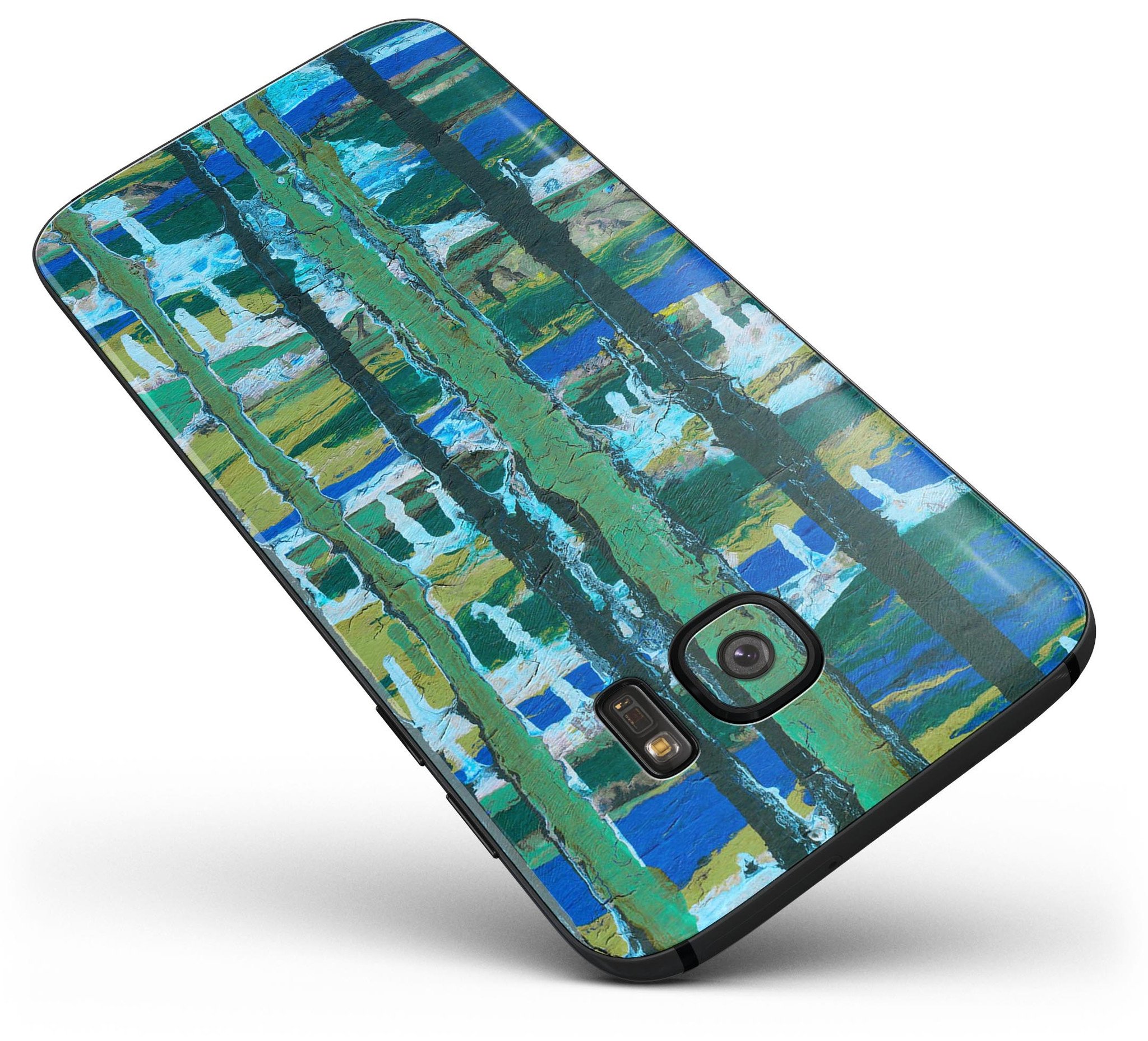Abstract Green Plaid Paint Wall Skin-Kit for Samsung Galaxy S7/S7 Edge, showcasing vibrant colors and premium vinyl material.