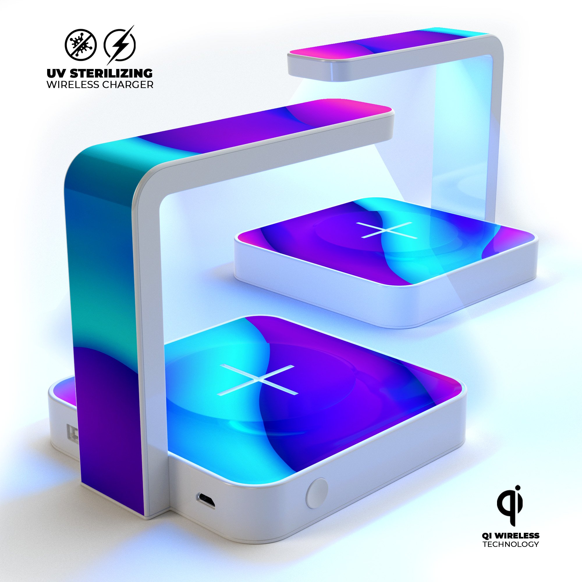 Abstract Neon Wave V10 UV Germicidal Sanitizing Wireless Charger with a sleek design, showcasing its sterilizing lamp and wireless charging capabilities.