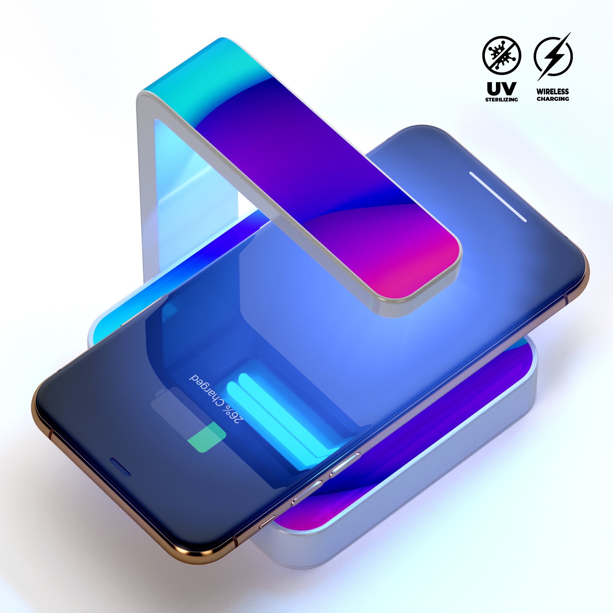 Abstract Neon Wave V10 UV Germicidal Sanitizing Wireless Charger with a sleek design, showcasing its sterilizing lamp and wireless charging capabilities.