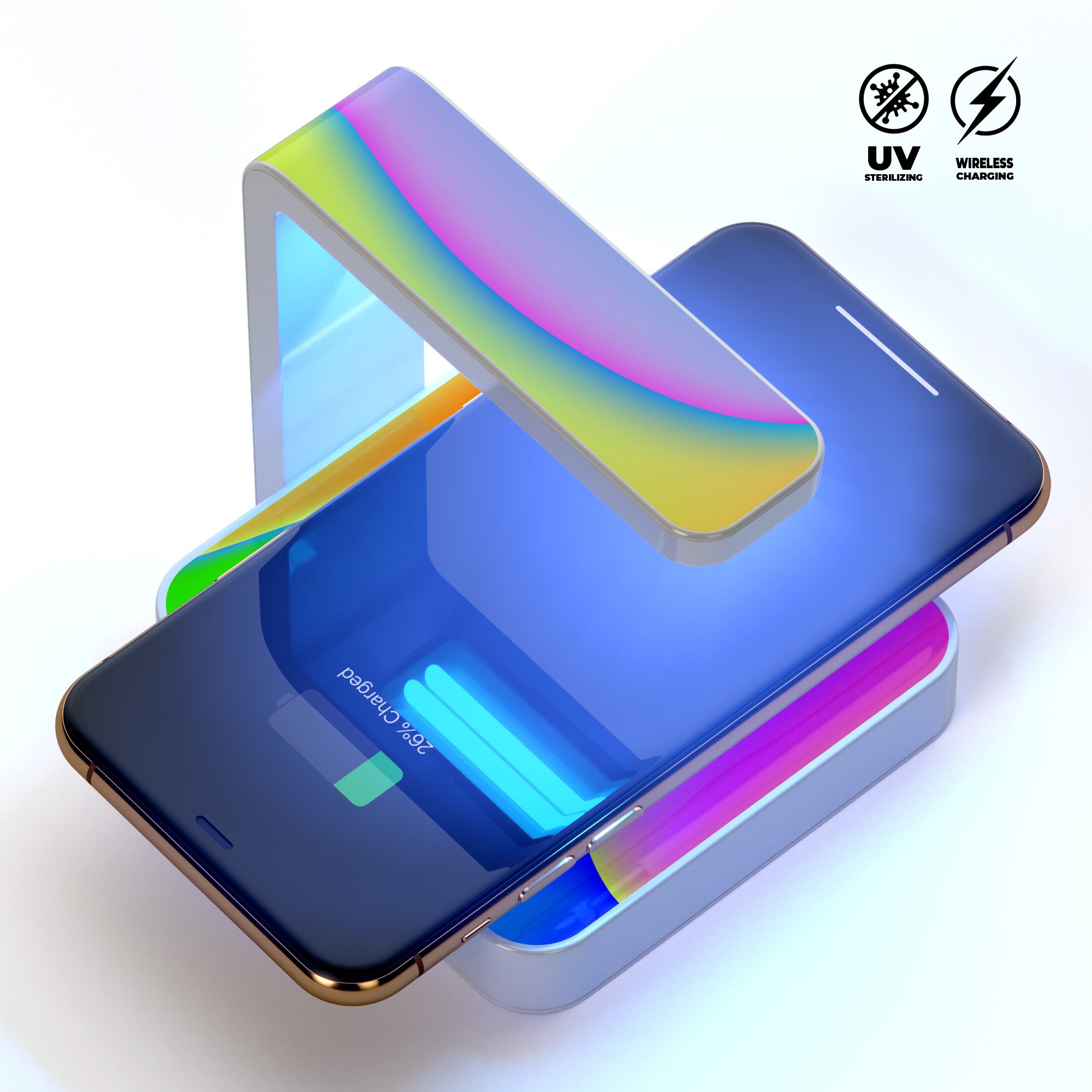 Abstract Neon Wave V5 UV Germicidal Sanitizing Wireless Charger with decorative skin, USB cable, and sterilizing lamp feature.