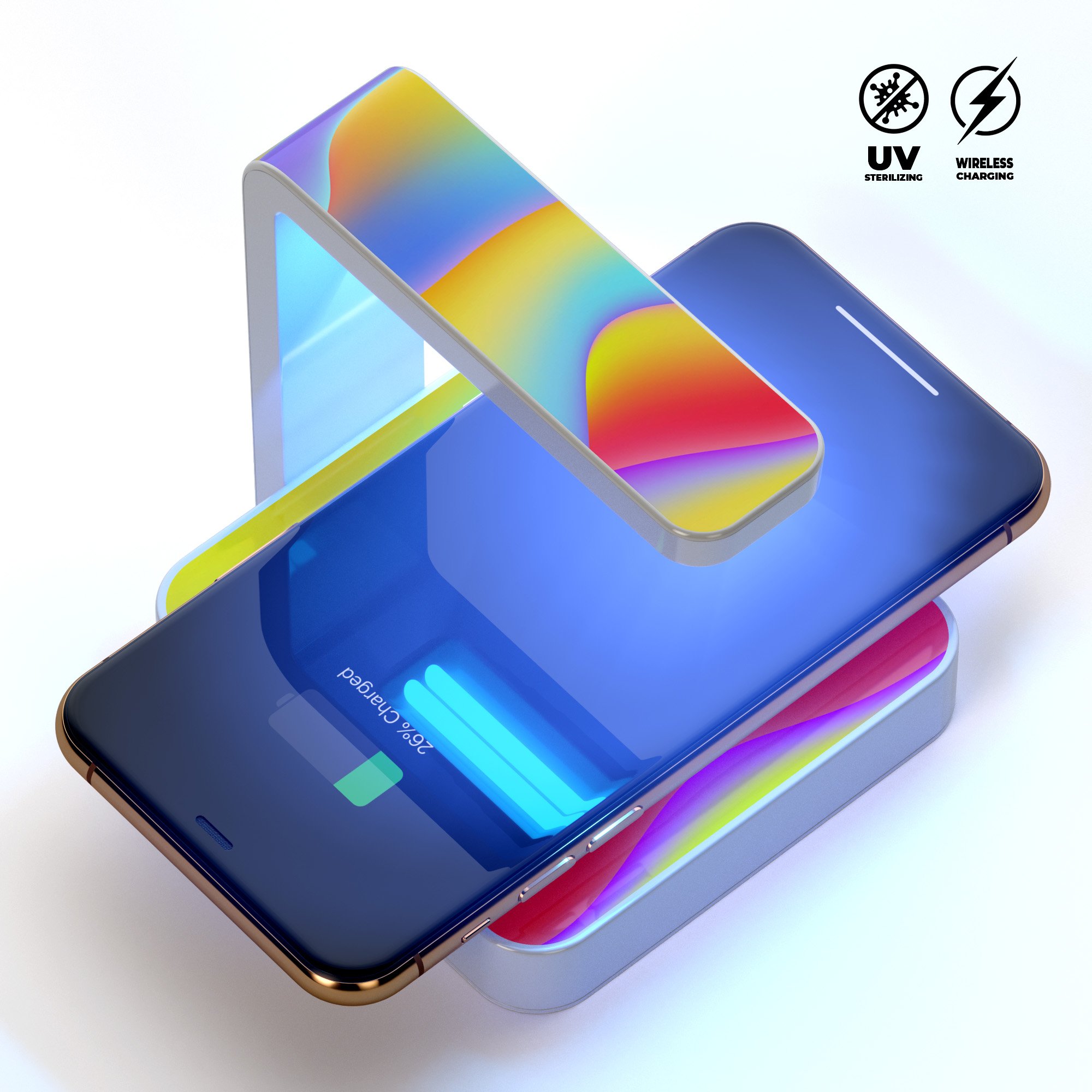 Abstract Neon Wave V8 UV Germicidal Sanitizing Wireless Charger with phone on top, showcasing its sleek design and sterilizing lamp.