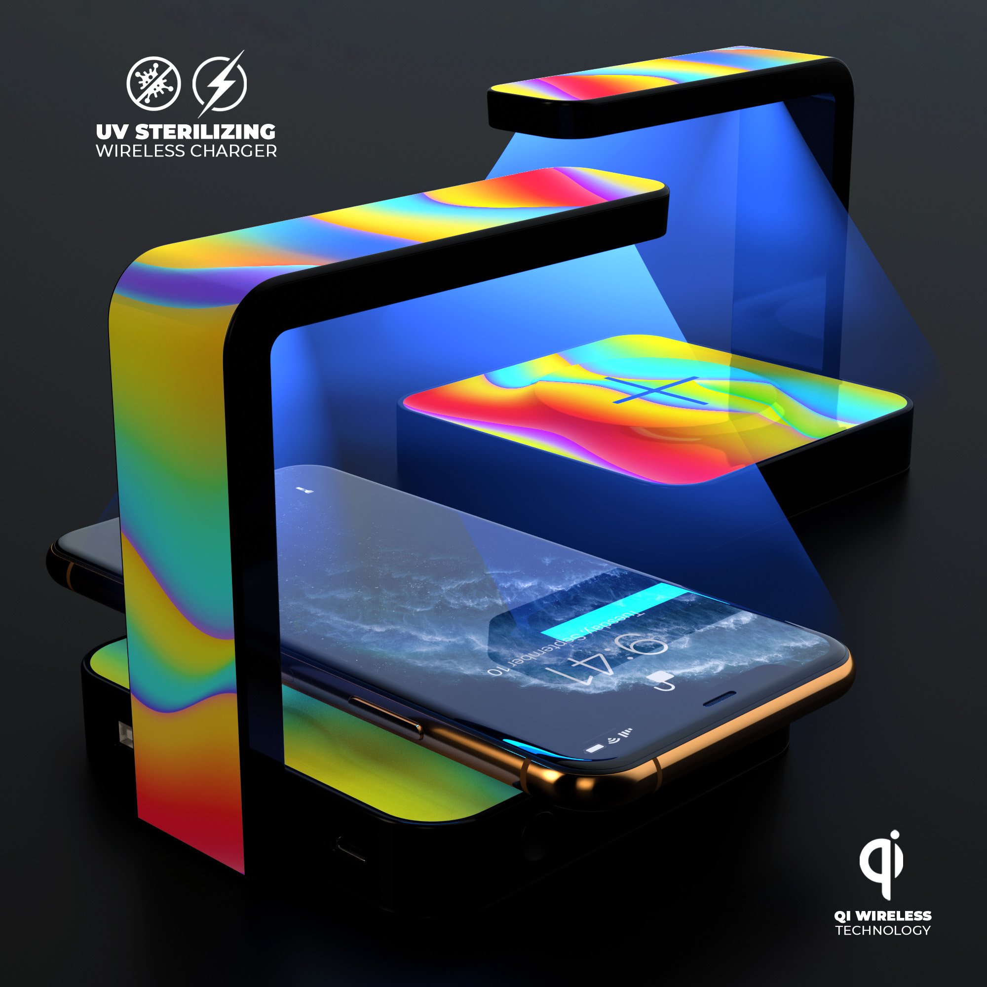 Abstract Neon Wave V8 UV Germicidal Sanitizing Wireless Charger with phone on top, showcasing its sleek design and sterilizing lamp.