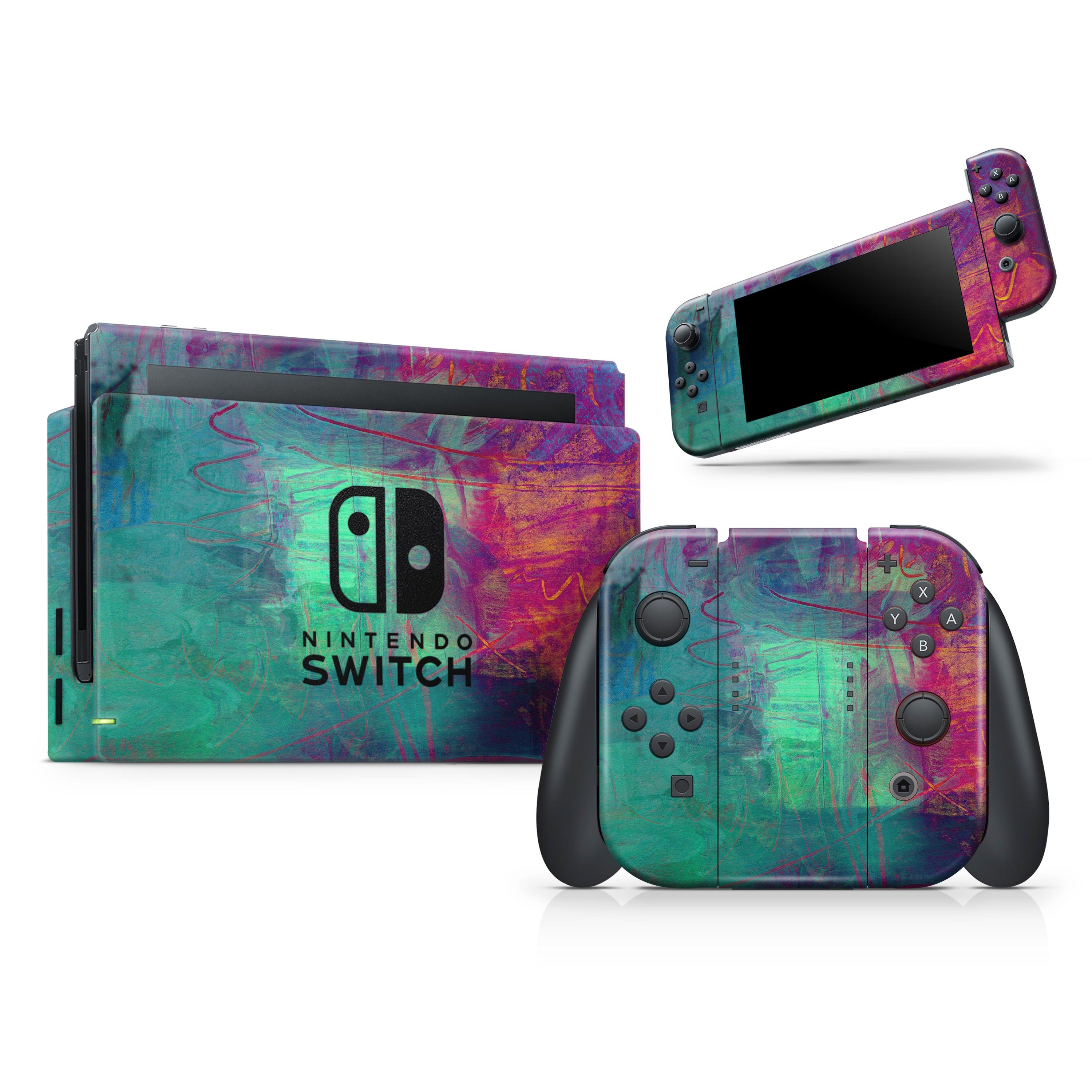 Abstract Oil Painting V3 skin wrap kit for Nintendo Switch, showcasing vibrant colors and a unique design for console and controllers.