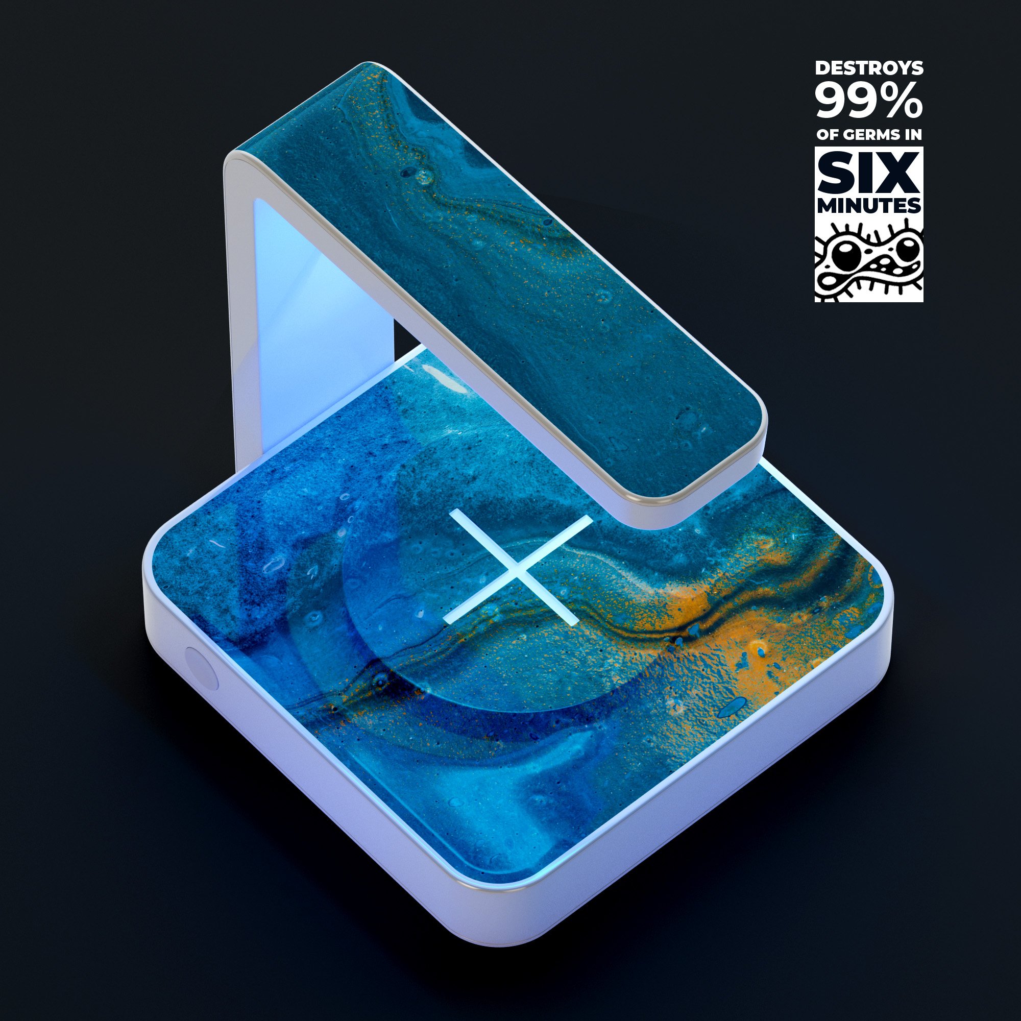Abstract Oiled Blue Marble UV Germicidal Sanitizing Sterilizing wireless charger with decorative skin-kit and USB cable.