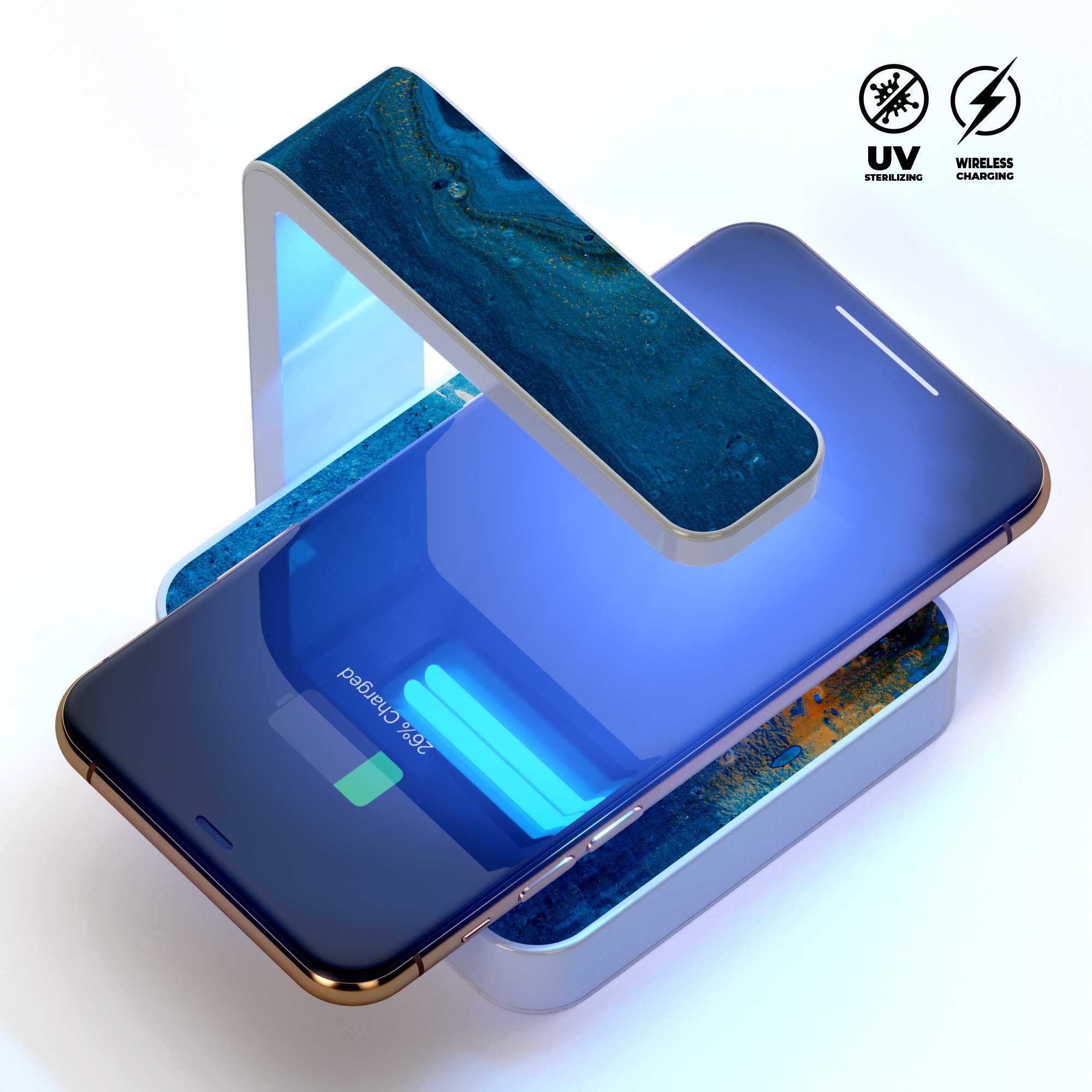 Abstract Oiled Blue Marble UV Germicidal Sanitizing Sterilizing wireless charger with decorative skin-kit and USB cable.