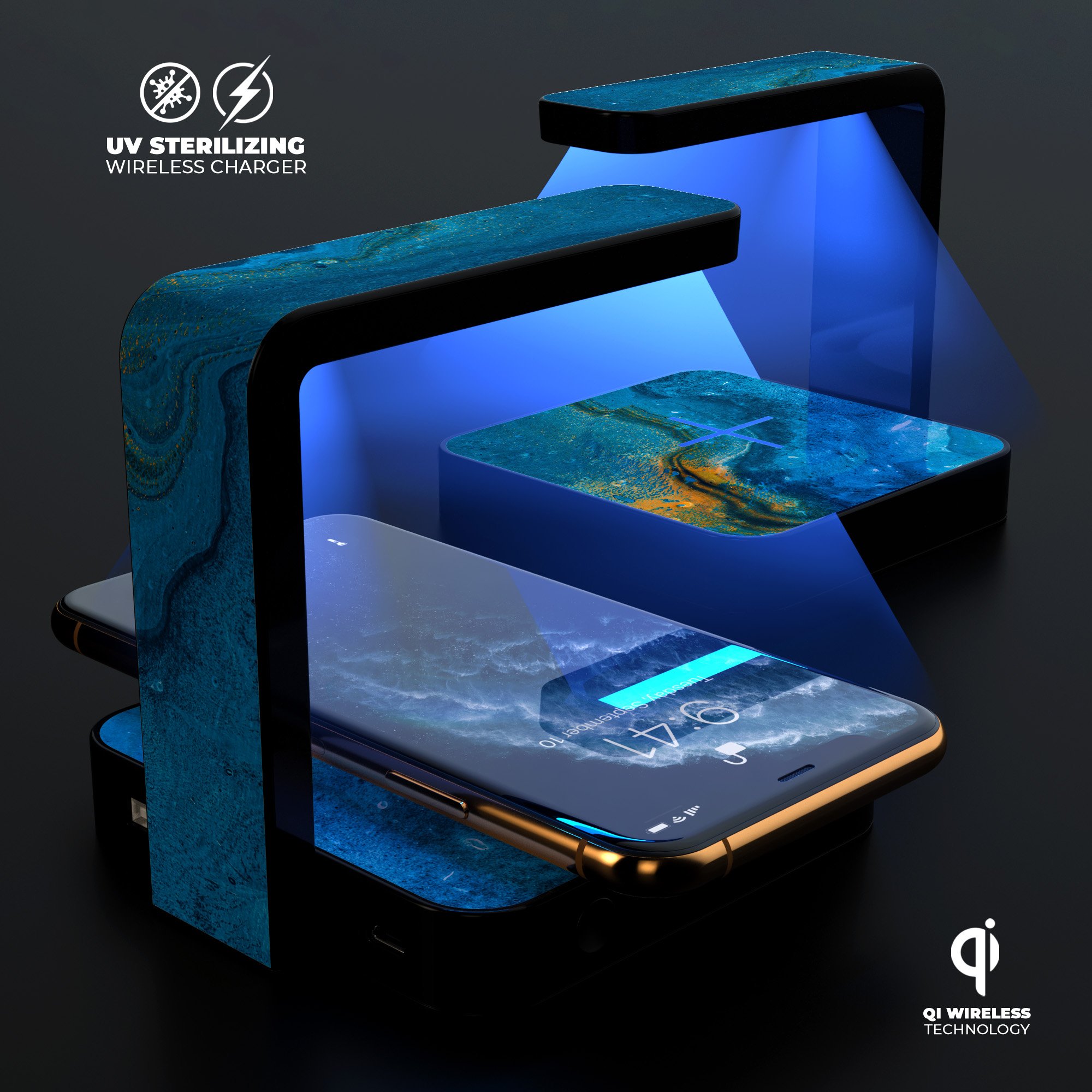 Abstract Oiled Blue Marble UV Germicidal Sanitizing Sterilizing wireless charger with decorative skin-kit and USB cable.